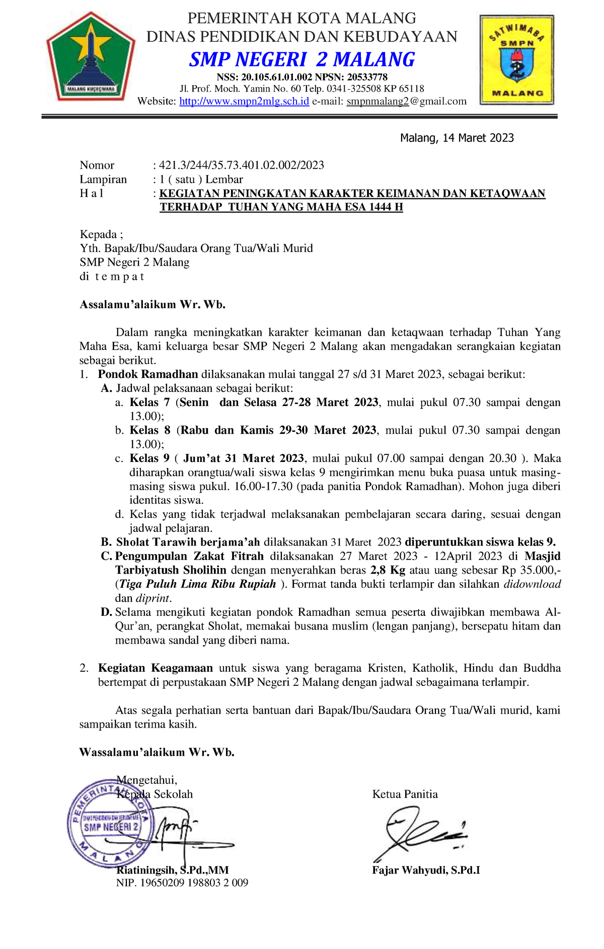 Pemberitahuan Ponram 23 - PEMERINTAH KOTA MALANG DINAS PENDIDIKAN DAN ...