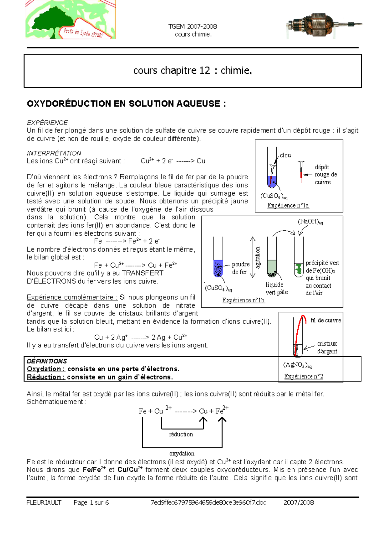 Chimie :OXYDORÉDUCTION EN SOLUTION AQUEUSE - (CuSO ) (CuSO ) 4 4 aq aq ...