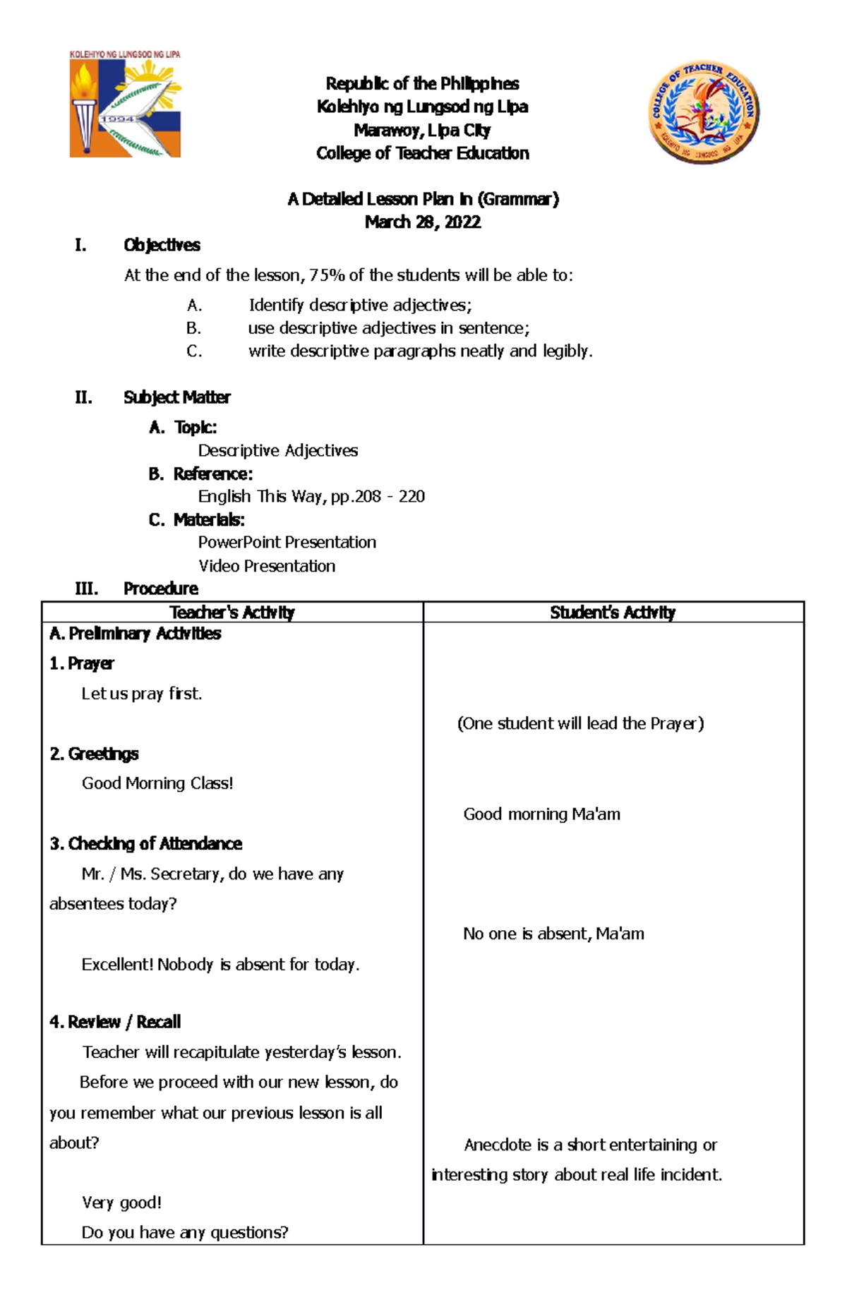 3rd DLP Grammar Demonstrative Adjectives - Education, Secondary - Studocu