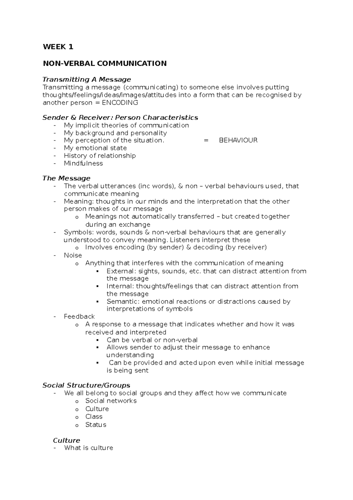 Interpersonals Lecture Notes Week 2 - WEEK 1 NON-VERBAL COMMUNICATION ...