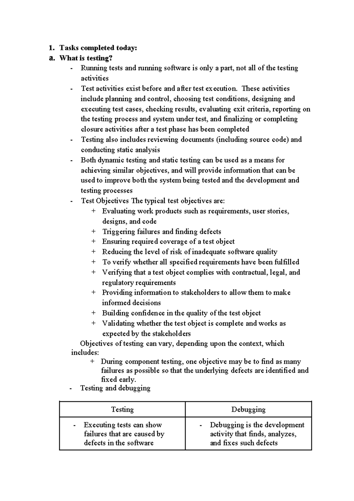 File1 - file report - Tasks completed today: a. What is testing ...