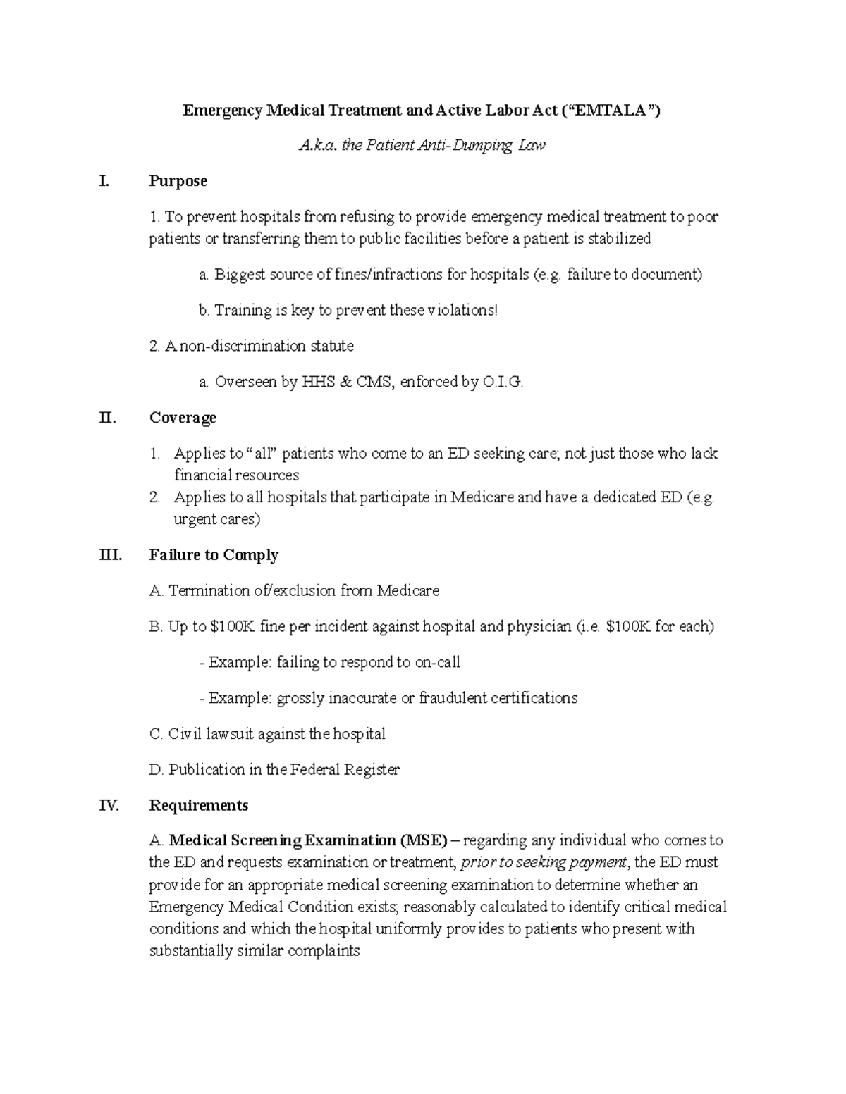 Outline 5- Emtala - Dr. Turner class notes - Emergency Medical ...