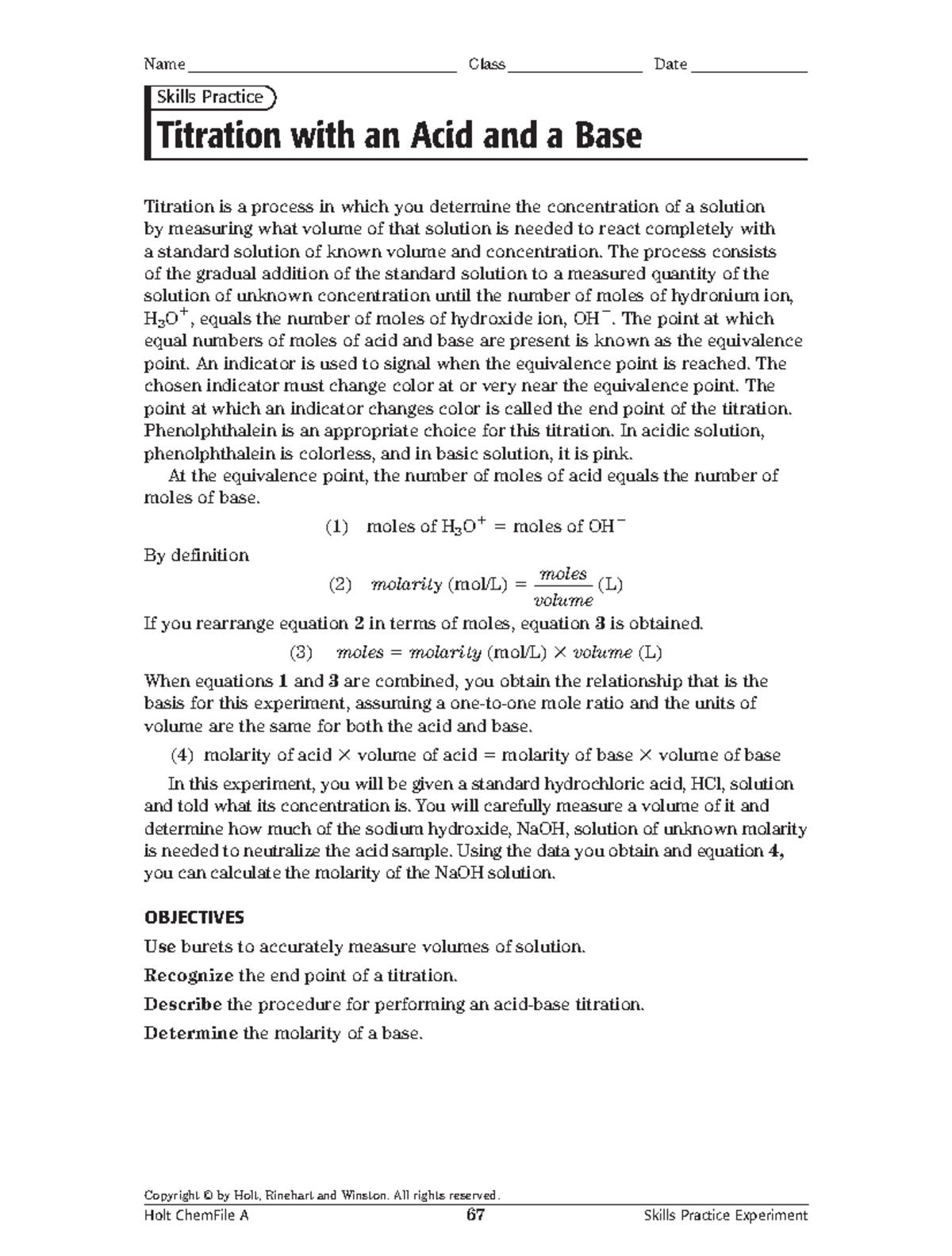 Acid base titration Lab - Copyright © by Holt, Rinehart and Winston ...