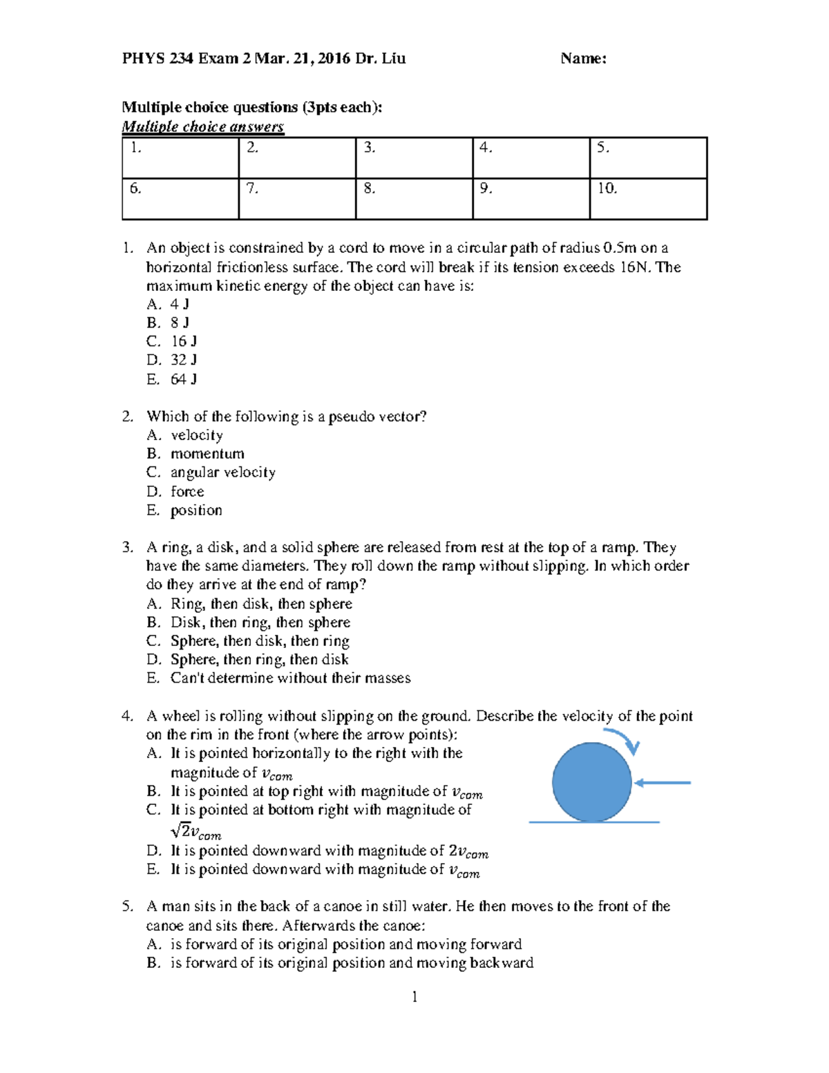 PHYS 234 Exam 2 Solution - Multiple choice questions (3pts each ...