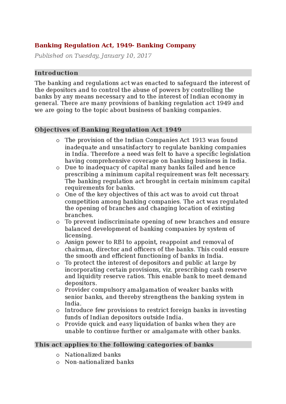 Banking Regulation Act 1949, , its principles of banking and lending