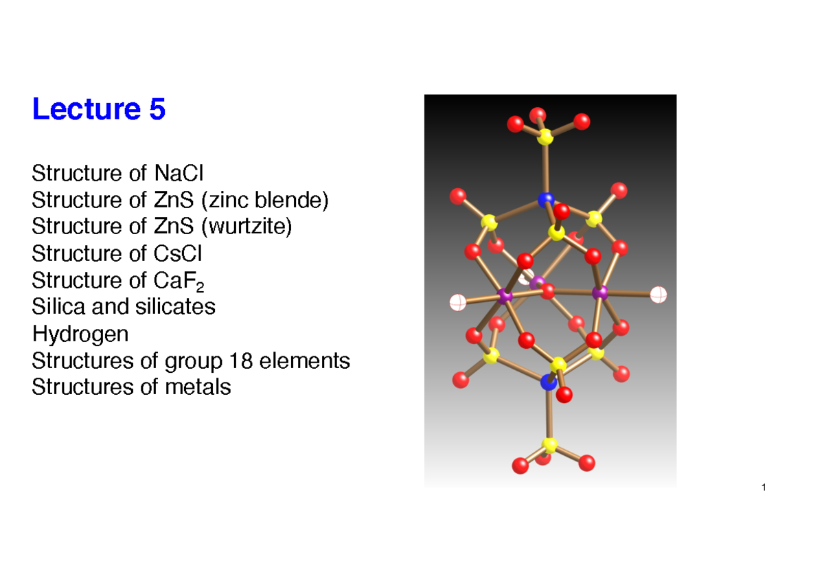 Week 12 Lecture 1 - Lecture 5 Structure of NaCl Structure of ZnS (zinc ...