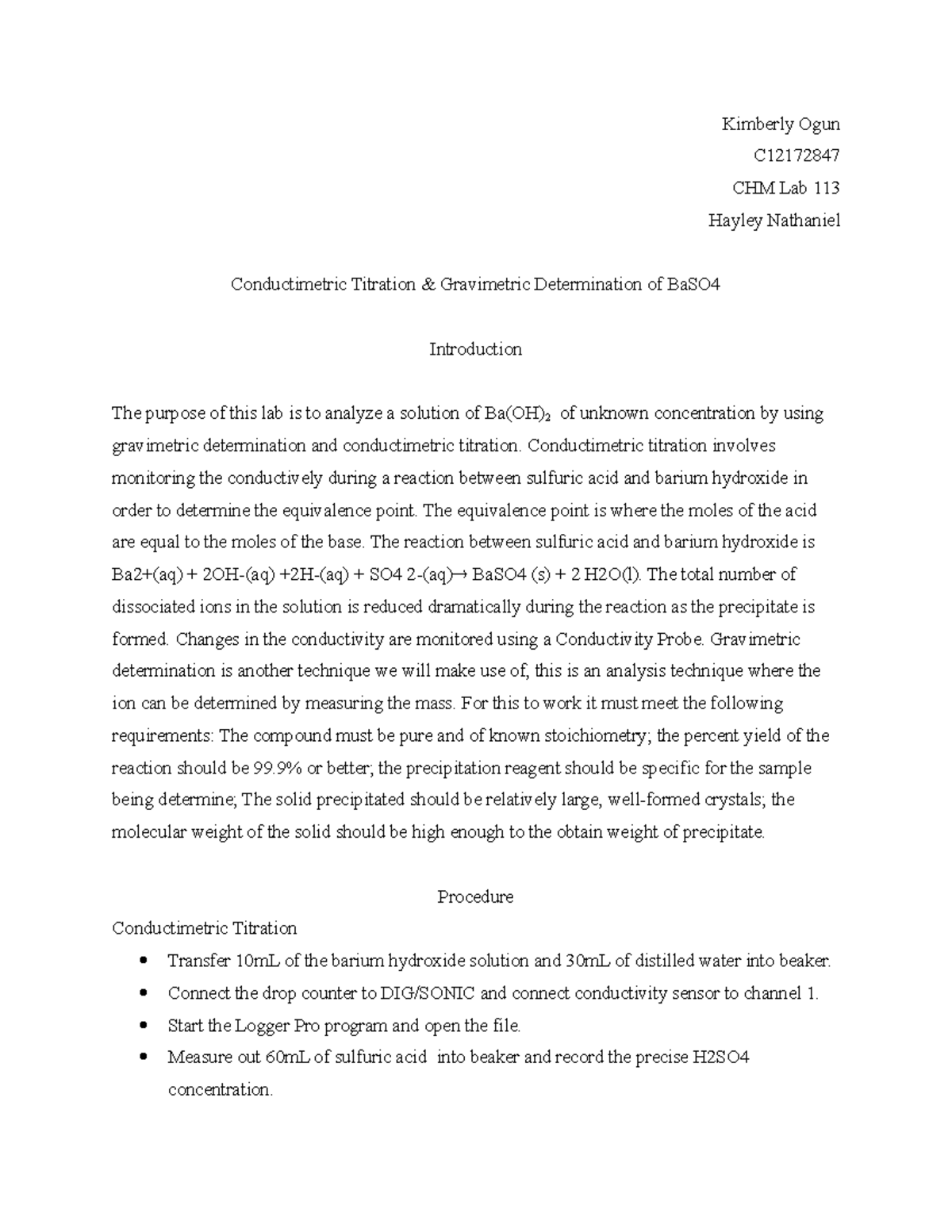 Conductimetric pre-lab report - Kimberly Ogun C CHM Lab 113 Hayley ...
