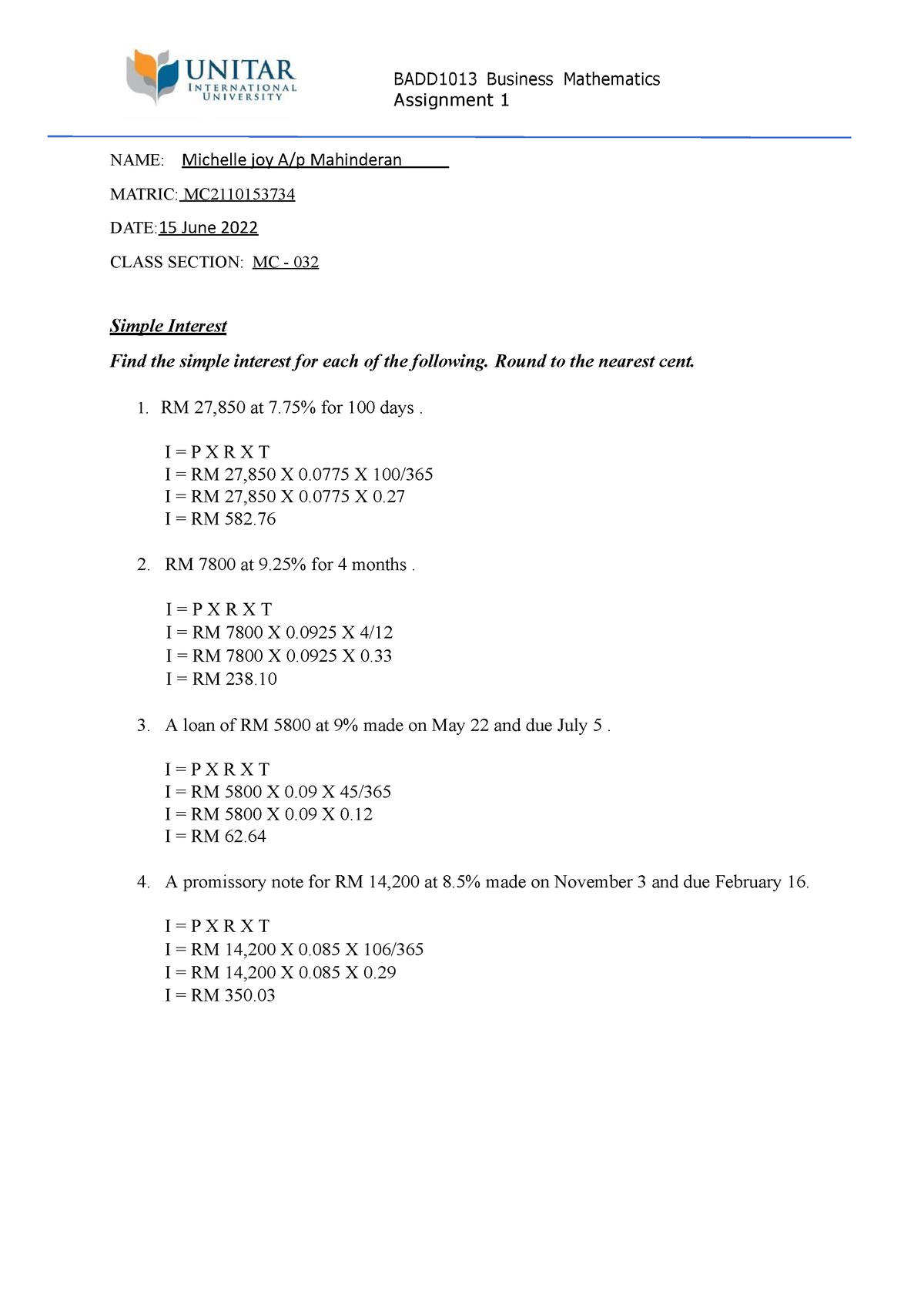 business mathematics assignment 1