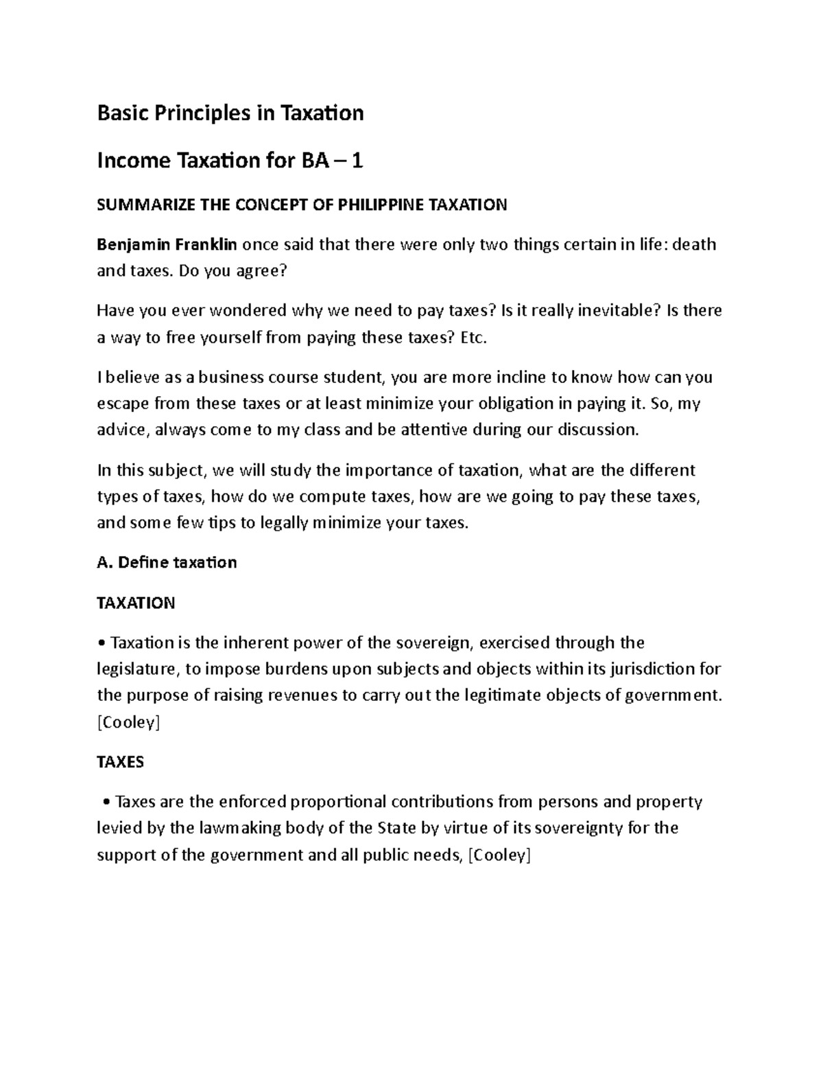 Income Taxation - 1 - Lecture Notes - Basic Principles In Taxation ...