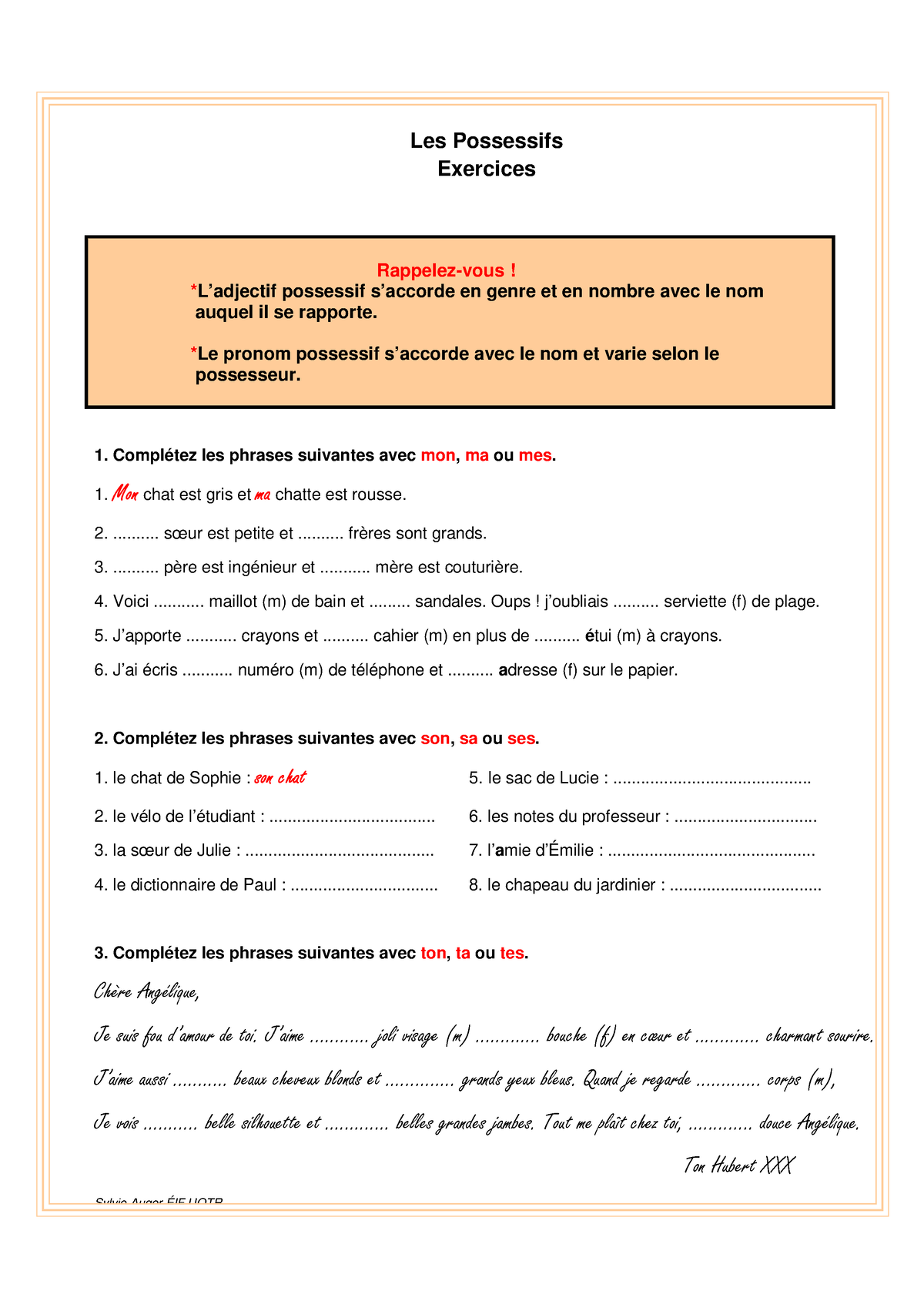 Les Possessifs Exercises - Les Possessifs Exercices Rappelez-vous! *L ...