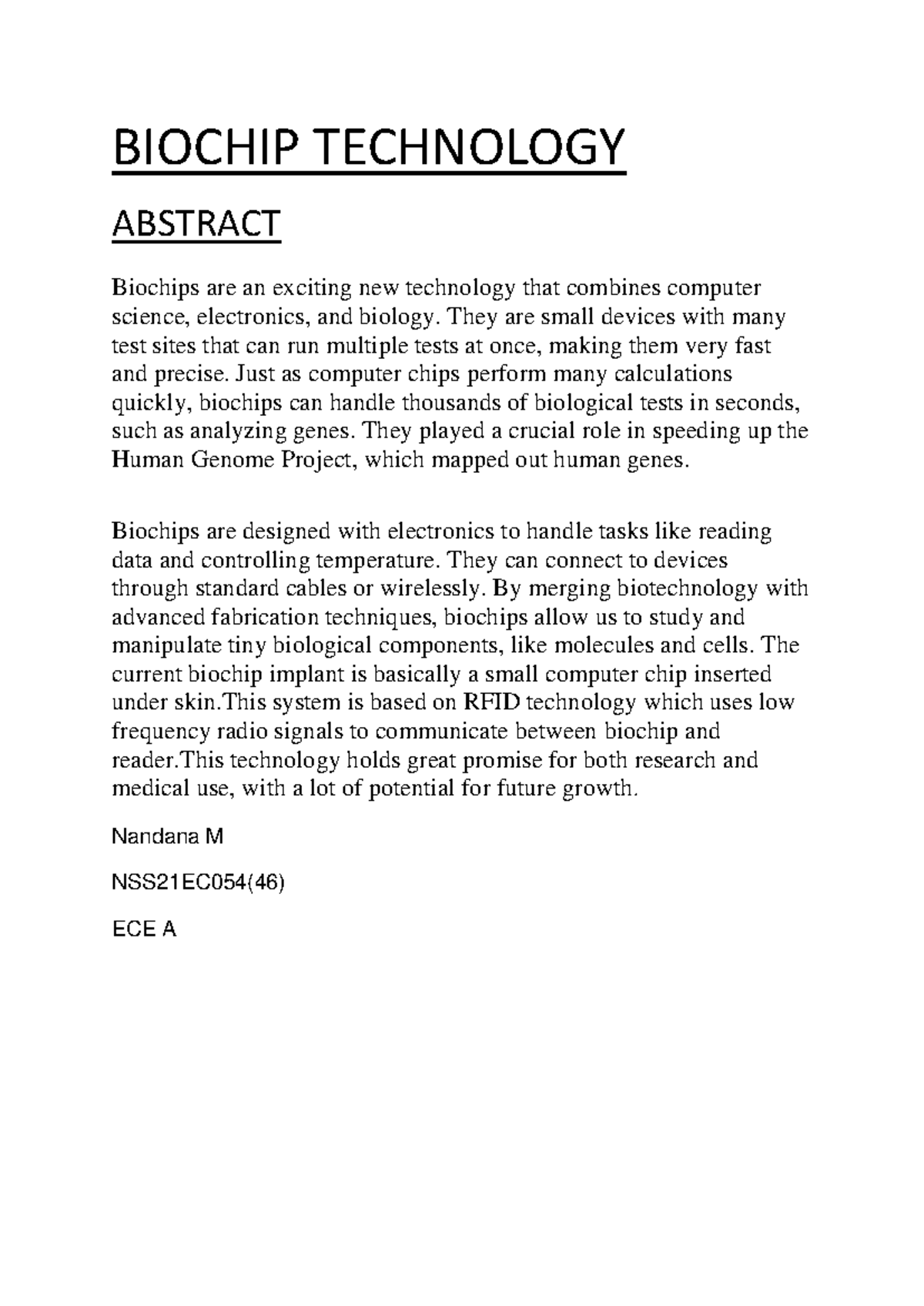 Biochip Technology - abstract - BIOCHIP TECHNOLOGY ABSTRACT Biochips ...