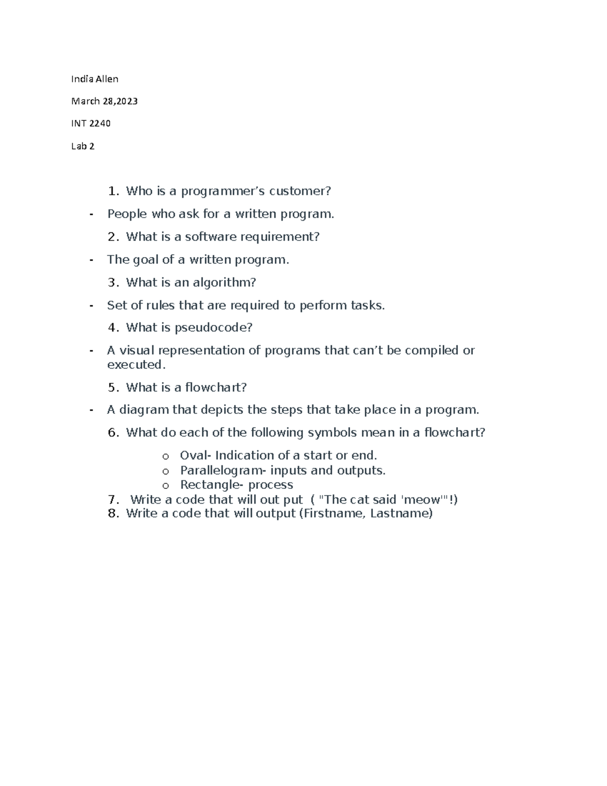 Lab 2 - Classwork Assignment - India Allen March 28, INT 2240 Lab 2 1 ...