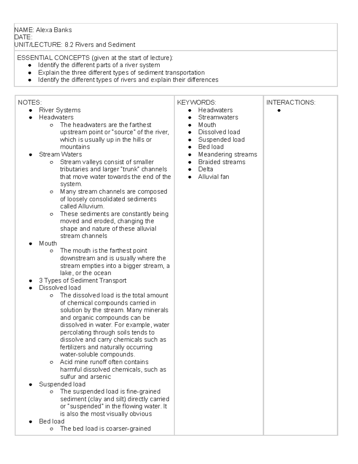 8.2 3-Column Notes - Unit 8.2 Identify the different parts of a river ...