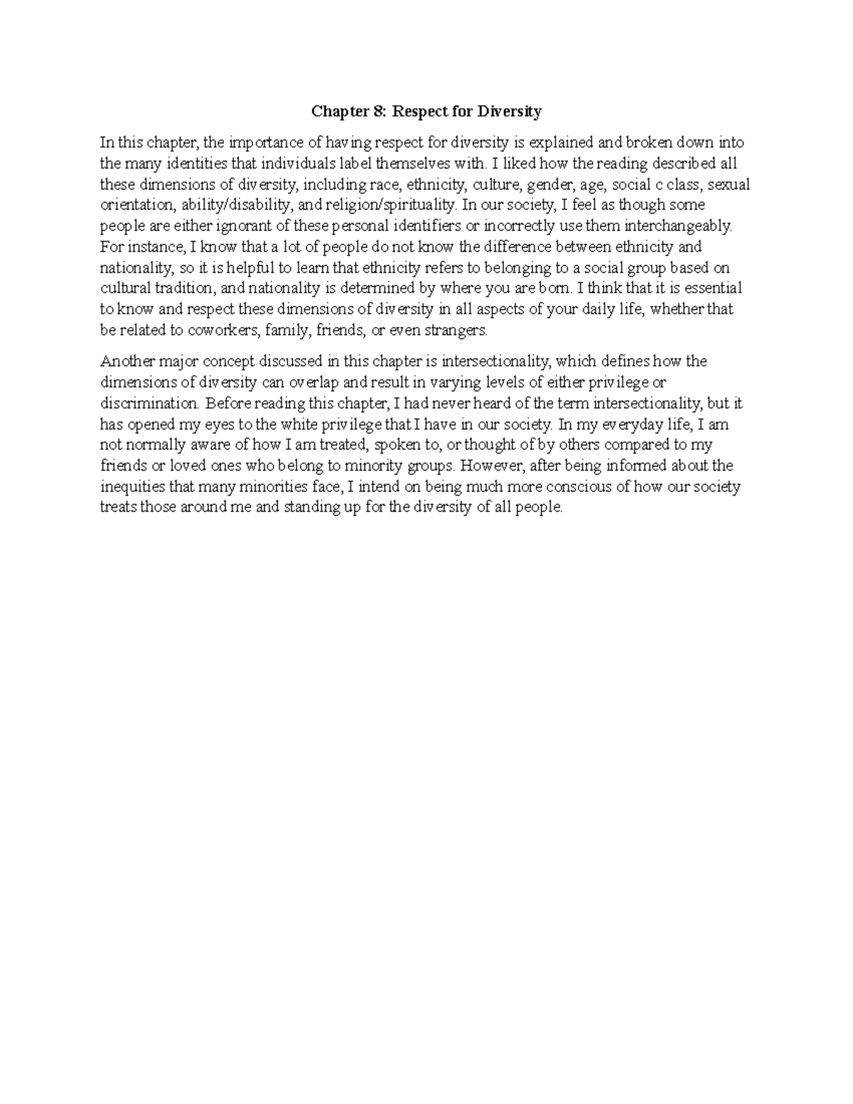 PSYC 425 - Chapter 8 Reflection - Chapter 8: Respect for Diversity In ...