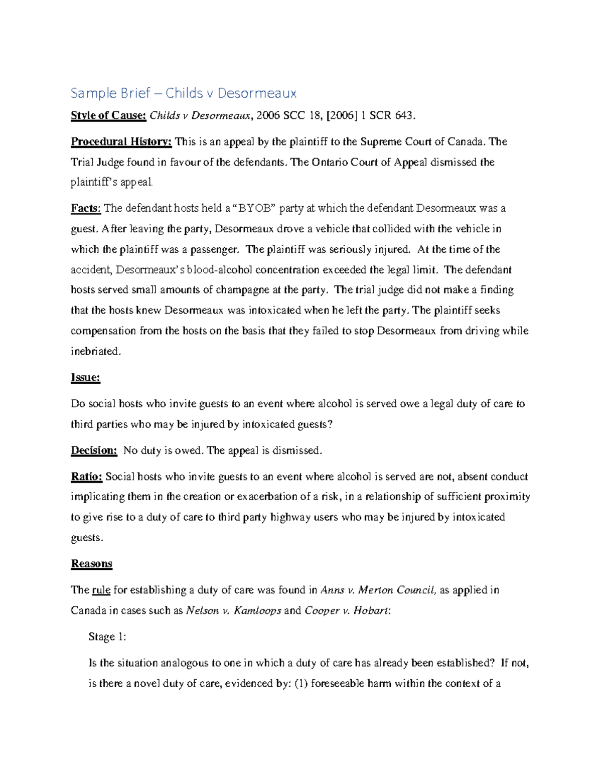 Sample Case Briefs for Beertown Problem - Sample Brief – Childs v ...