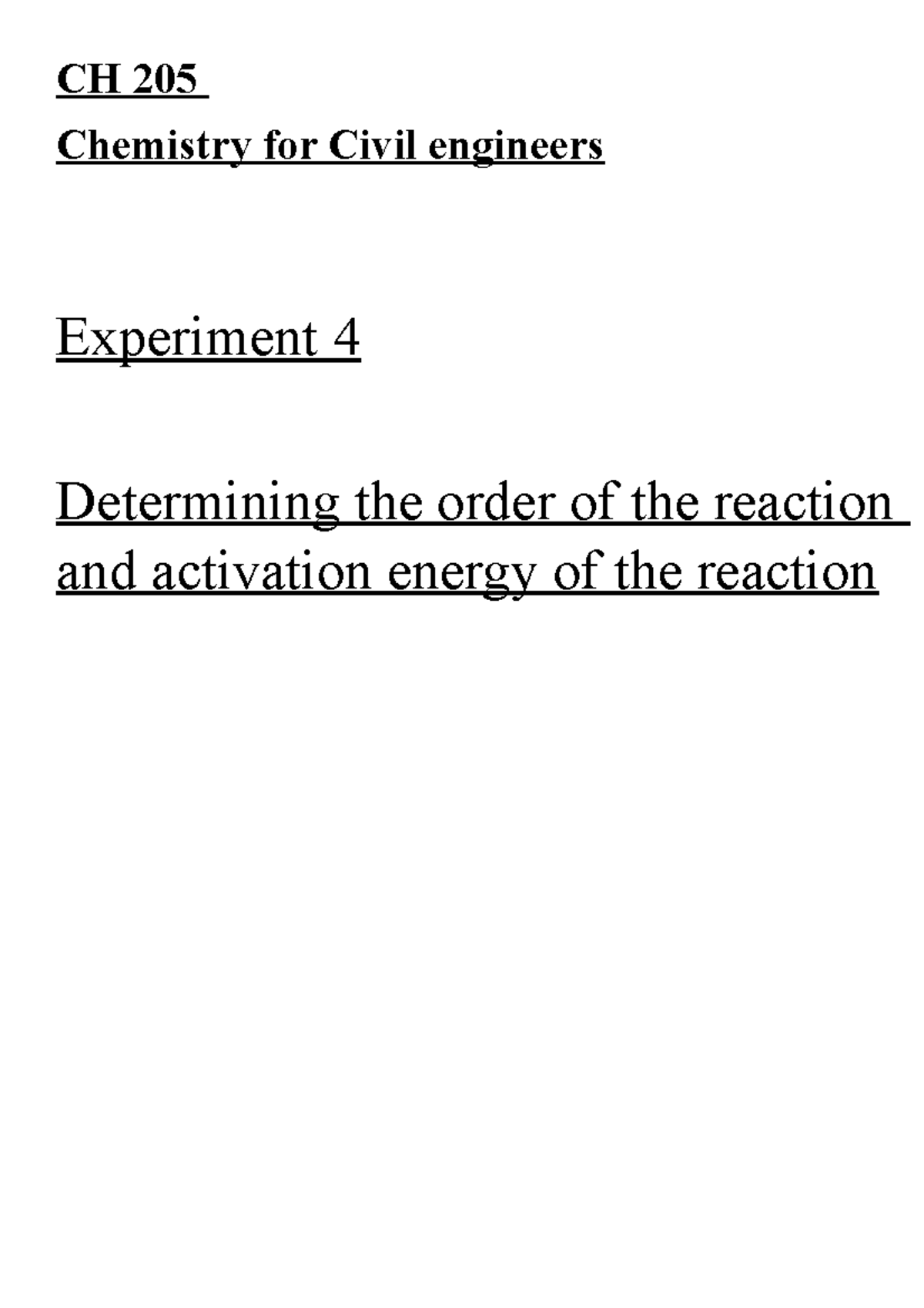 Lab 4 - Lab 4 - CH 205 Chemistry for Civil engineers Experiment 4 ...