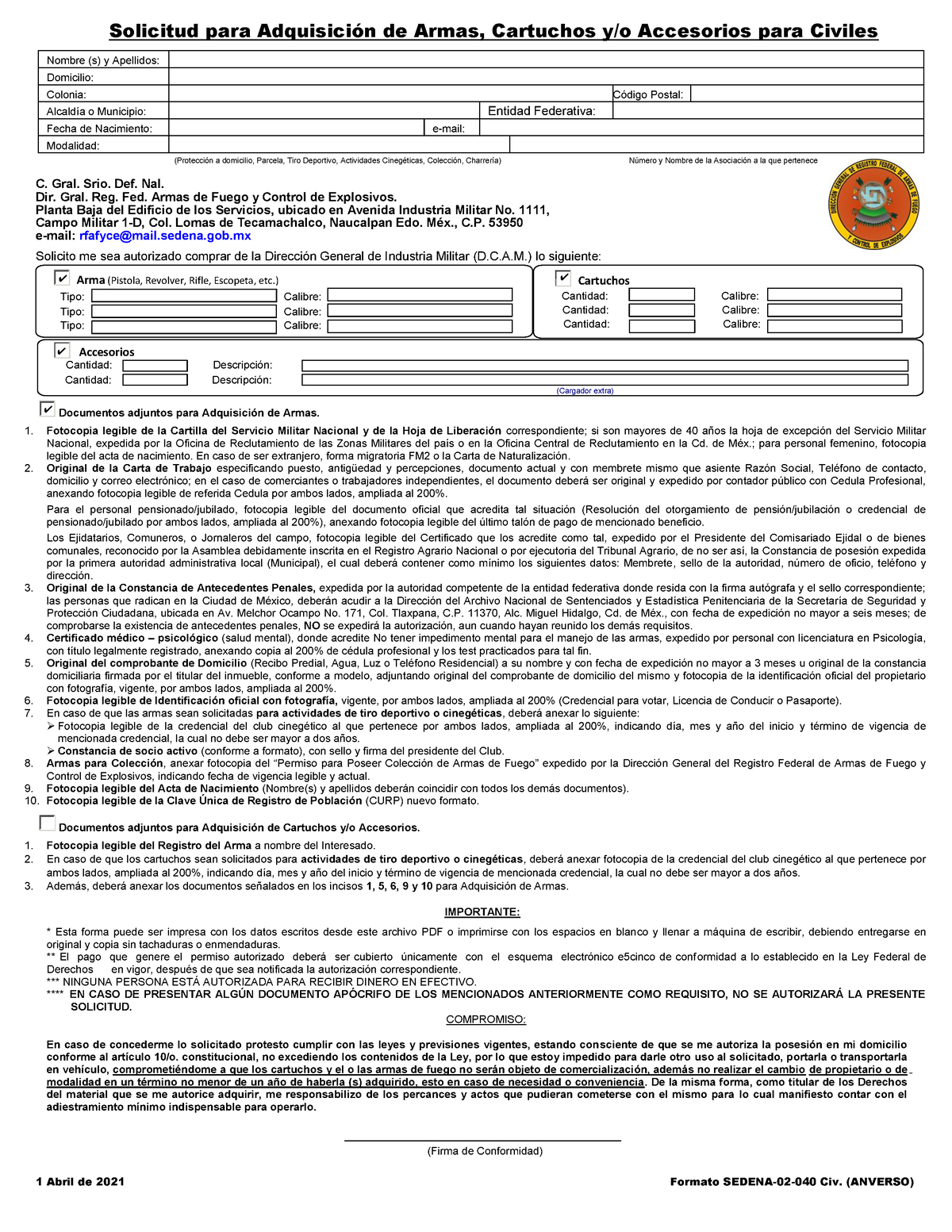 Sedena02040 Civil 23 MAR 2021 Solicitud para Adquisición de Armas