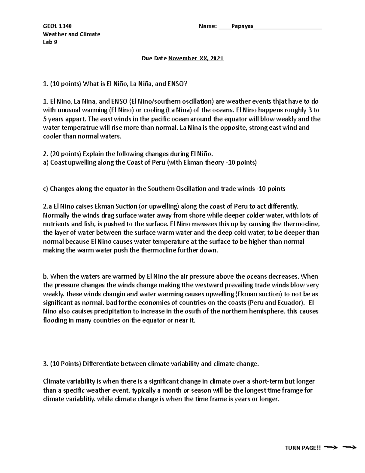 Lab 9 Papayas - Lab 9 Questions and Answers - GEOL 1340 Name: Papayas ...