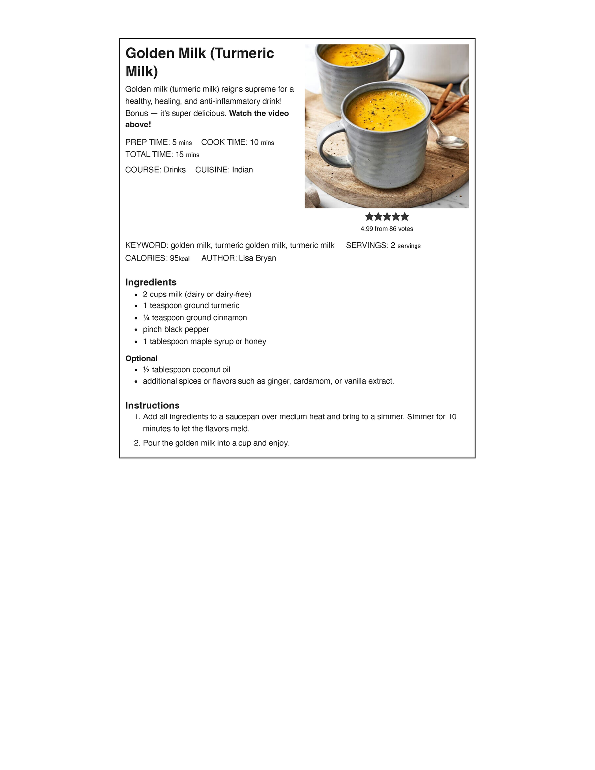 Golden Milk (Turmeric Milk) - Downshiftology