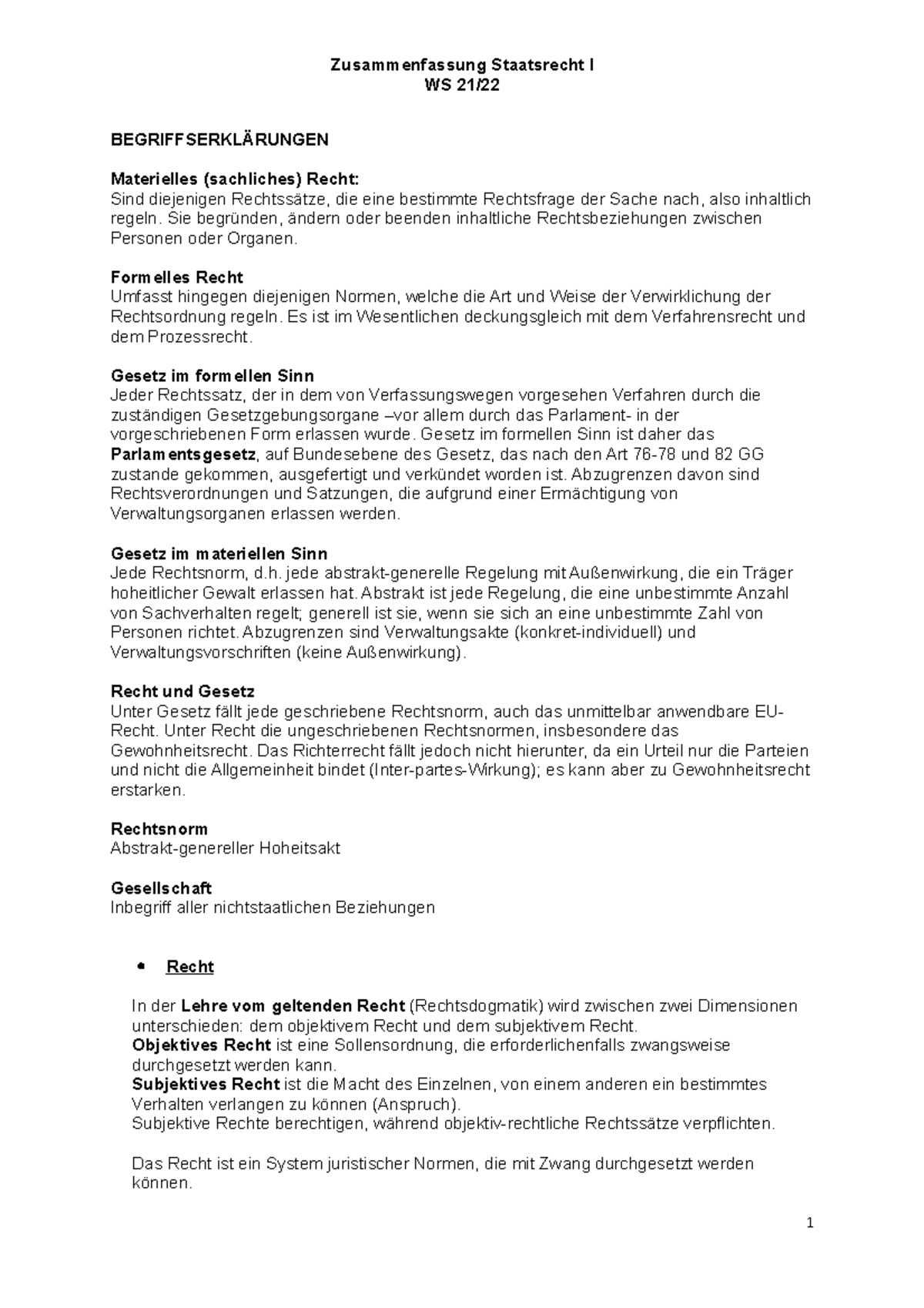 Zusammenfassung Staatsrecht I - WS 21/ BEGRIFFSERKLÄRUNGEN Materielles ...