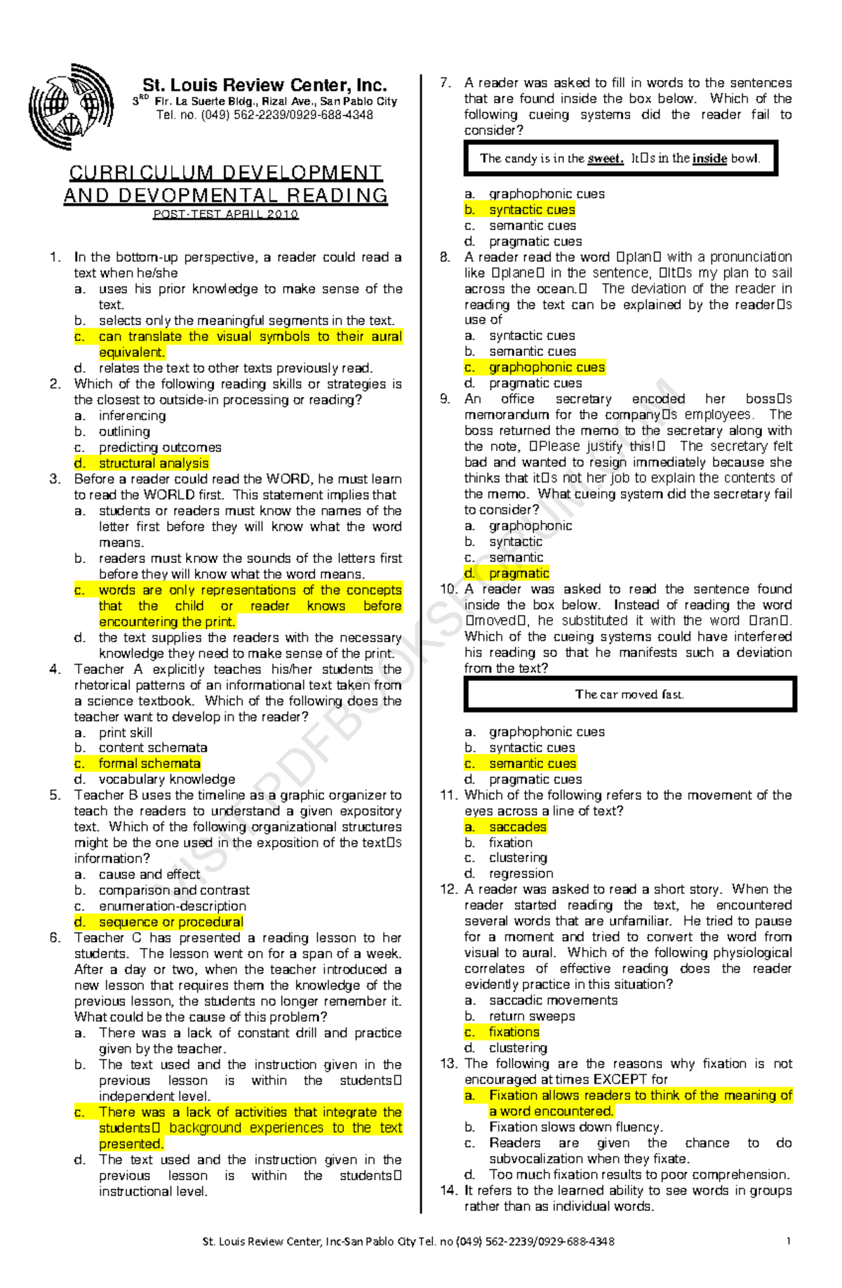 Profed 12 ans - Note from review center - St. Louis Review Center, Inc ...