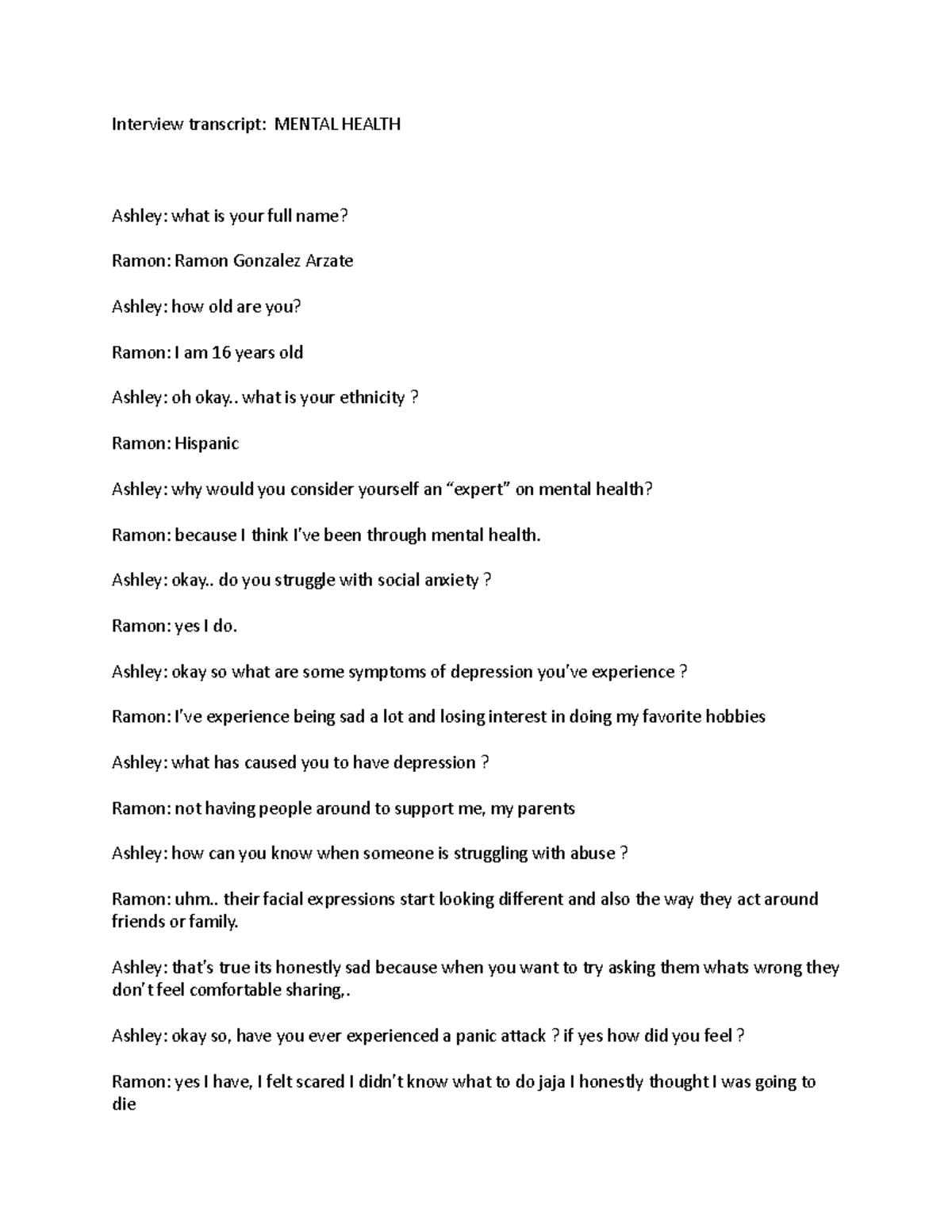 Interview transcript - questions you can ask someone about mental ...
