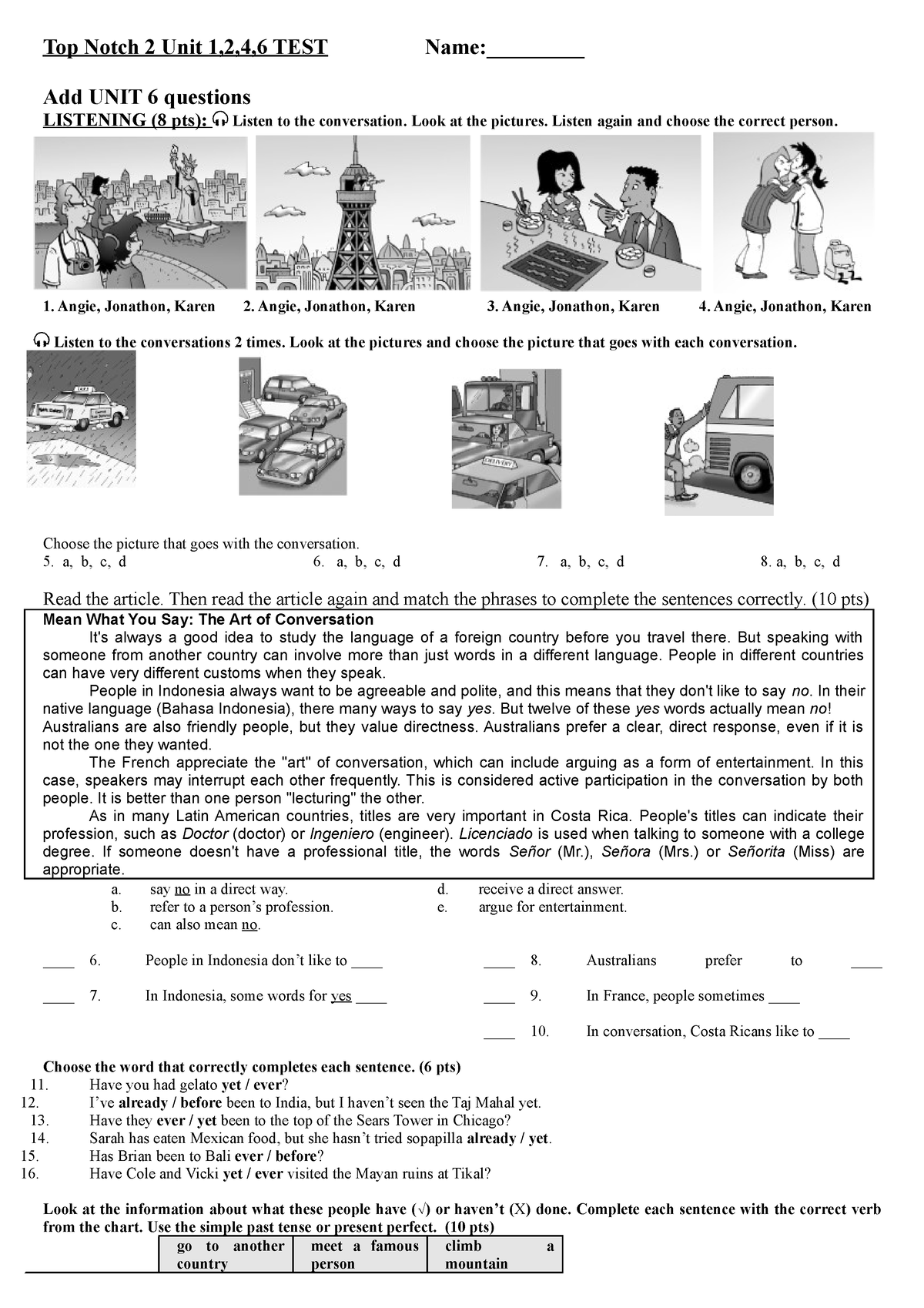 Top Notch 2 Unit 1 2 4 6 TEST Name Add U Top Notch 2 Unit 1,2,4,6