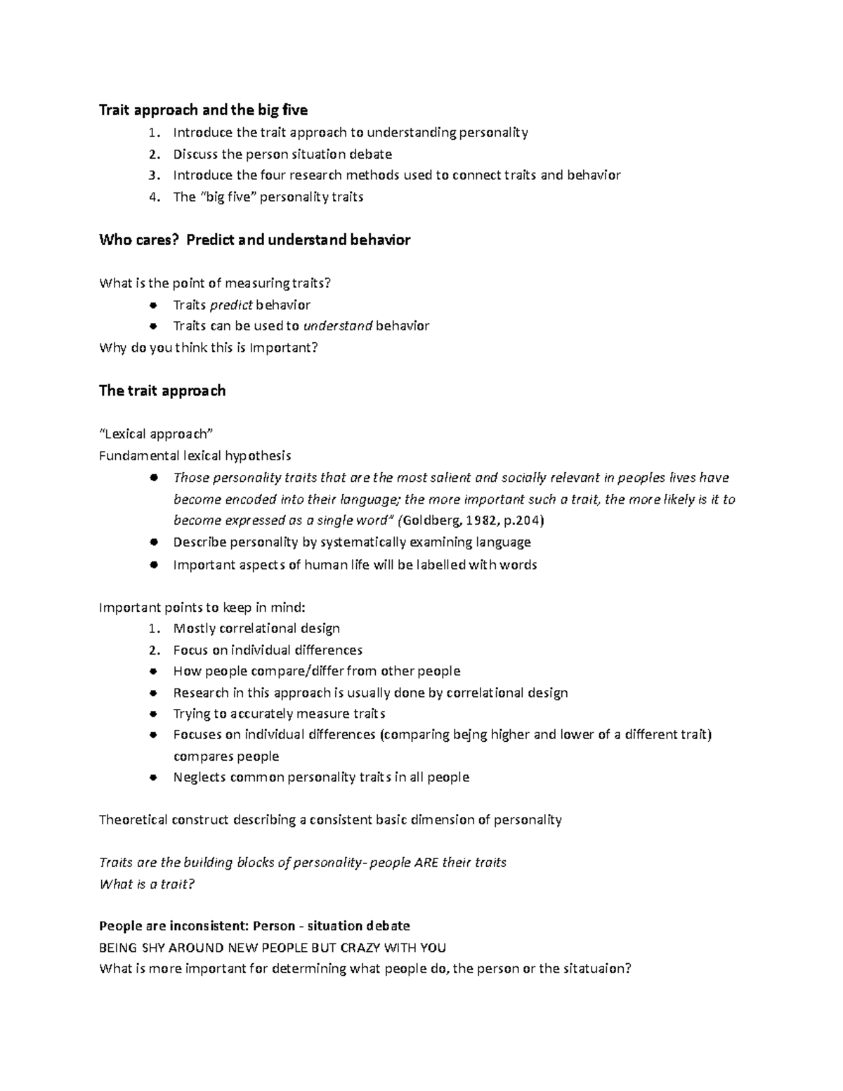 Lecture 5 - Trait approach and the big five 1. Introduce the trait ...