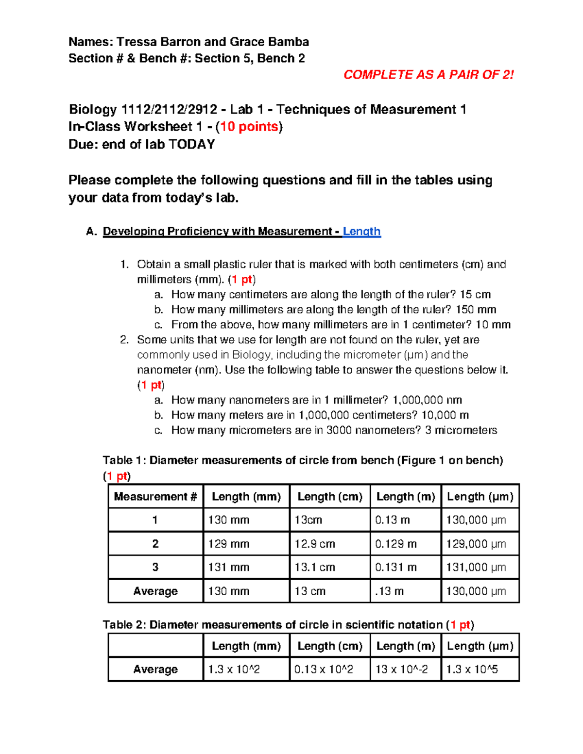 Lab 1 biology 2112 Section & Bench Section 5, Bench 2 COMPLETE AS A PAIR OF 2! Biology