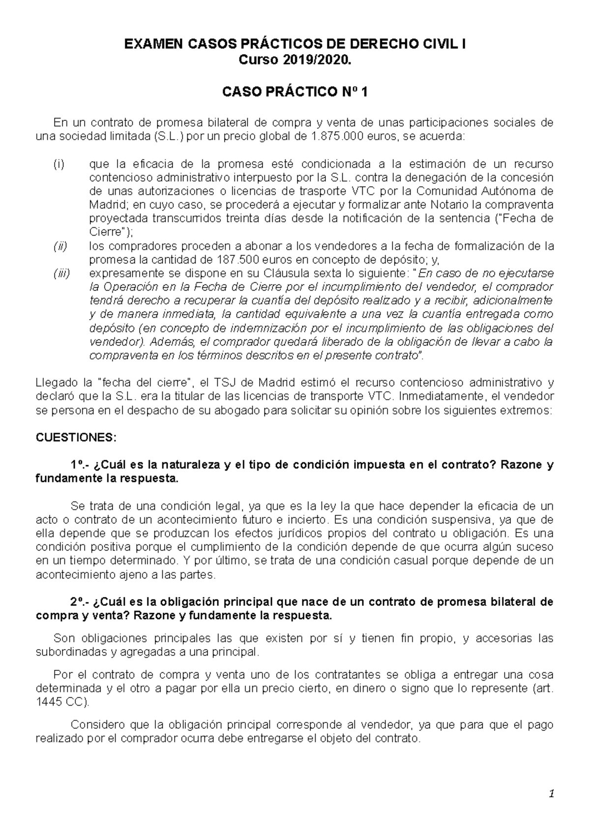 Casos Prácticos Derecho Civil Examen Casos PrÁcticos De Derecho Civil I Curso 20192020 5811