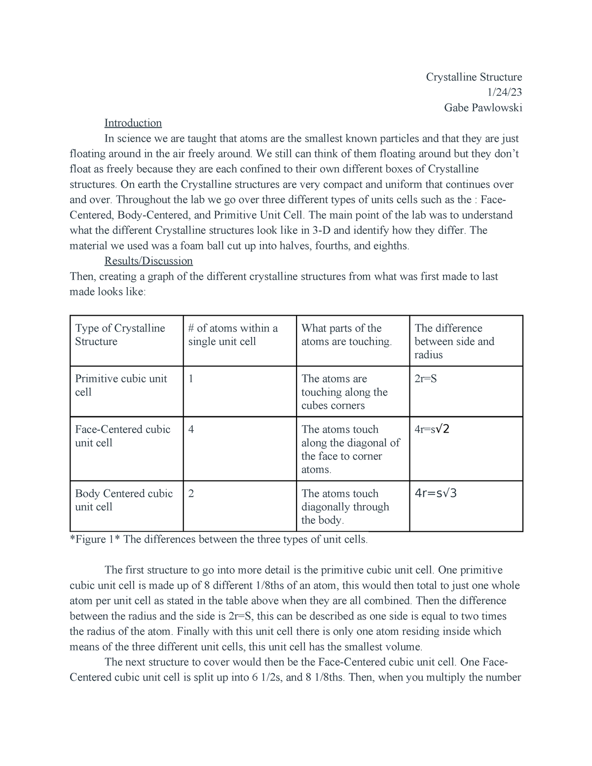 Crystalline Structure Lab Report- Gabe Pawlowski - Crystalline ...