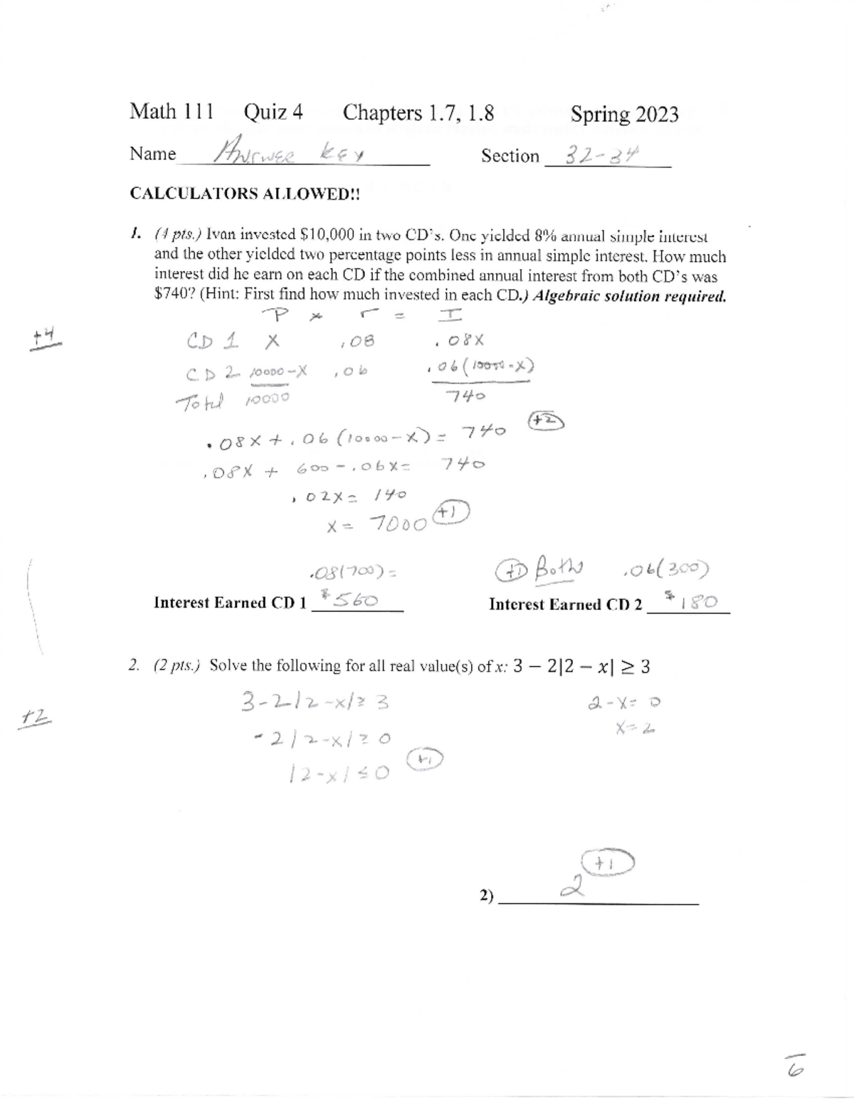Math 111 Quiz 4 Answer Key Spring 2023 - 01.640.111 - Studocu