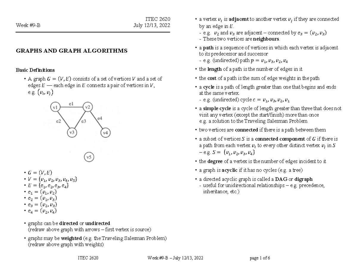 Graphs algo - Teacher's notes - ITEC 2620 Week #9-B July 12/13, 2022 ...