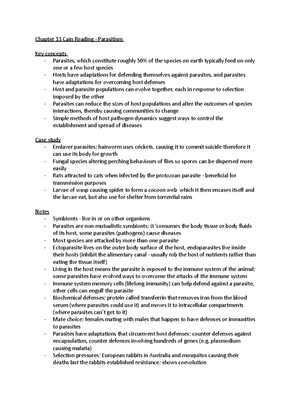 Chapter 13 Cain Reading - Chapter 13 Cain Reading - Parasitism Key 