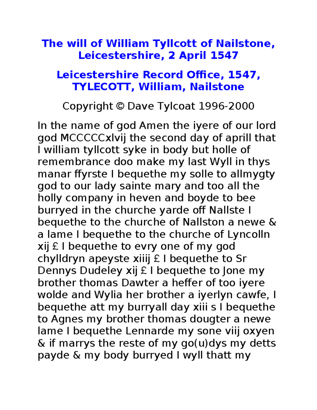 16thand 17th Century English - The will of William Tyllcott of ...