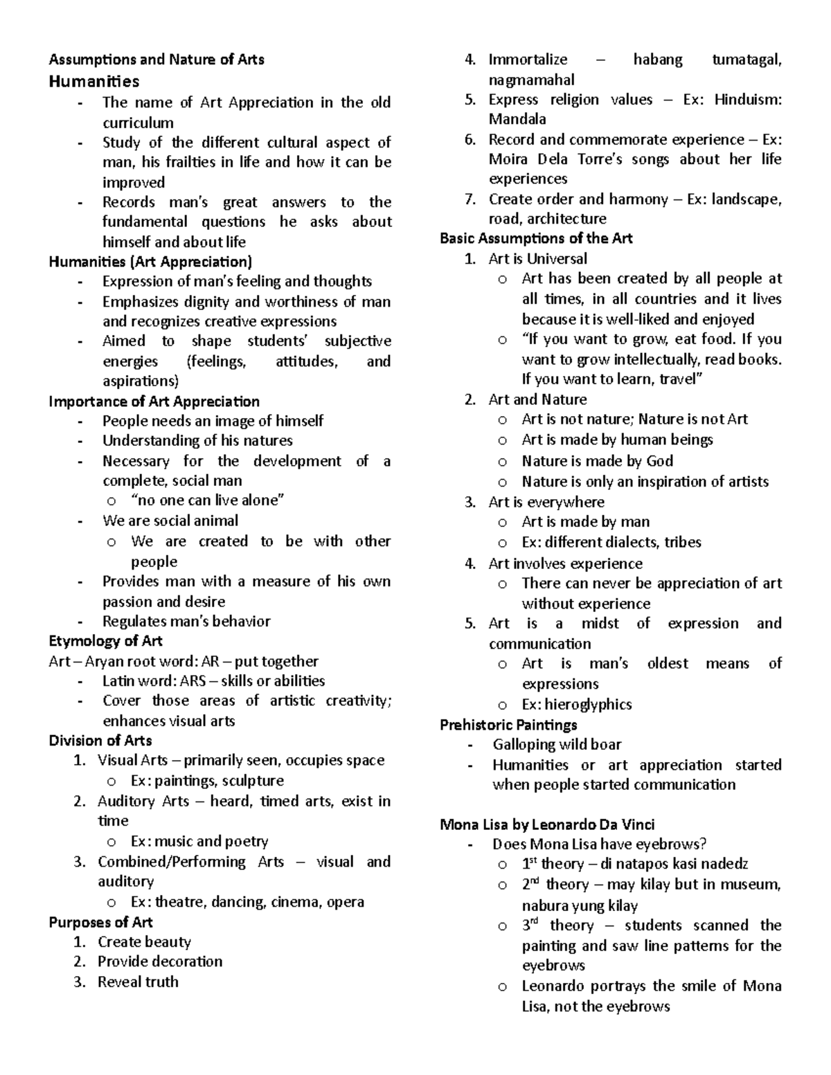 ARTA111 Prelims Reviewer - Assumptions and Nature of Arts Humanities ...