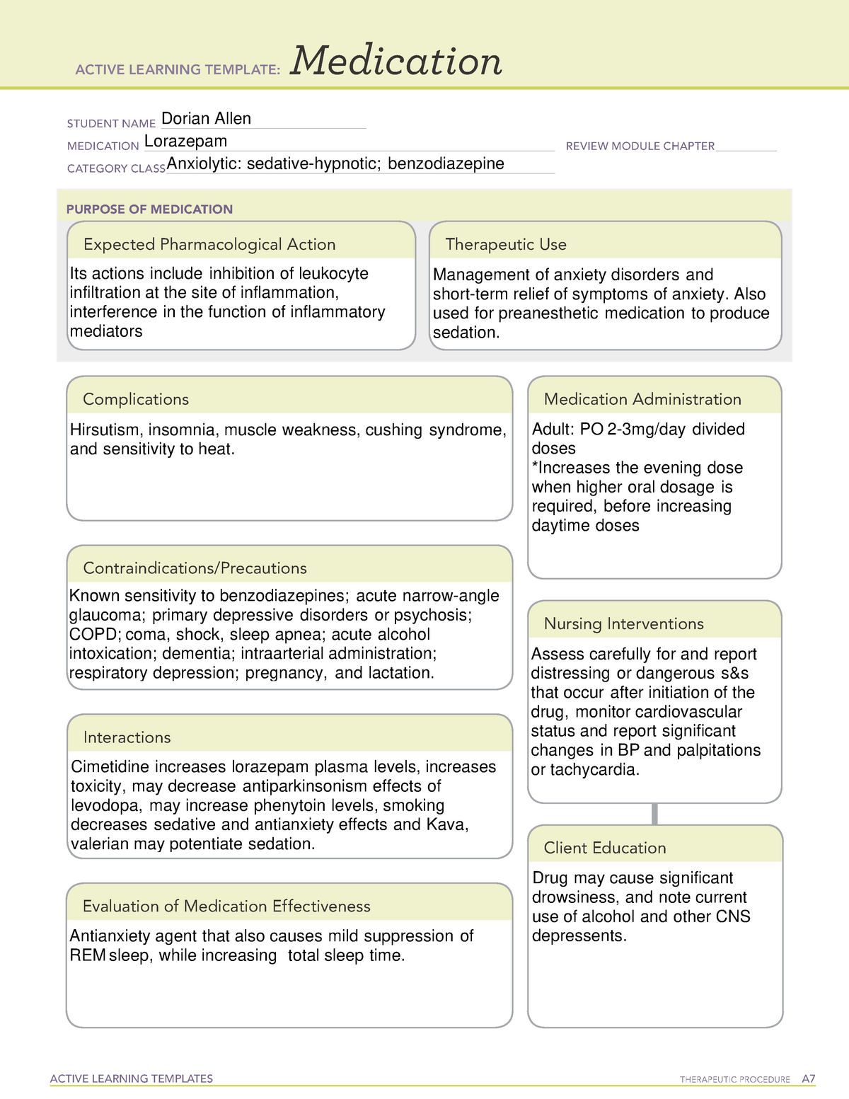 Week 8 Lorazepam ACTIVE LEARNING TEMPLATES THERAPEUTIC PROCEDURE A Medication STUDENT NAME