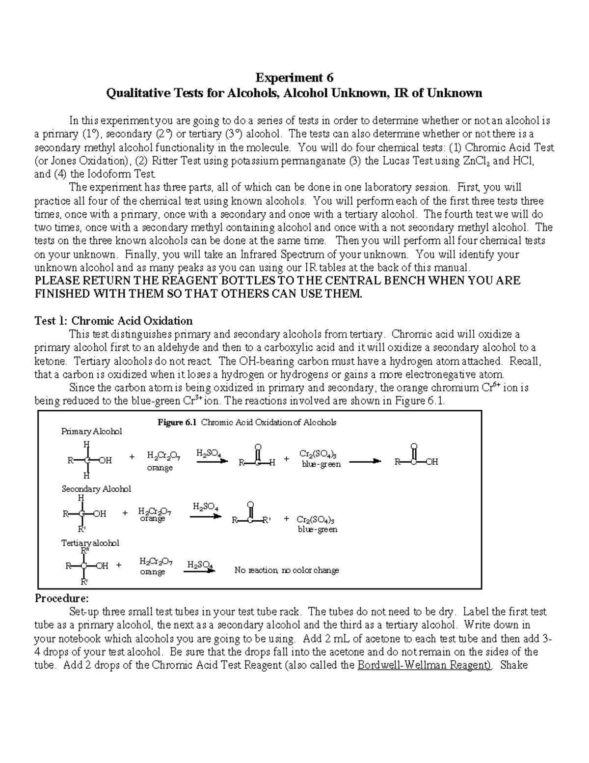 Experiment 6 - Qualitative Tests for Alcohols, Alcohol Unknown, IR of ...