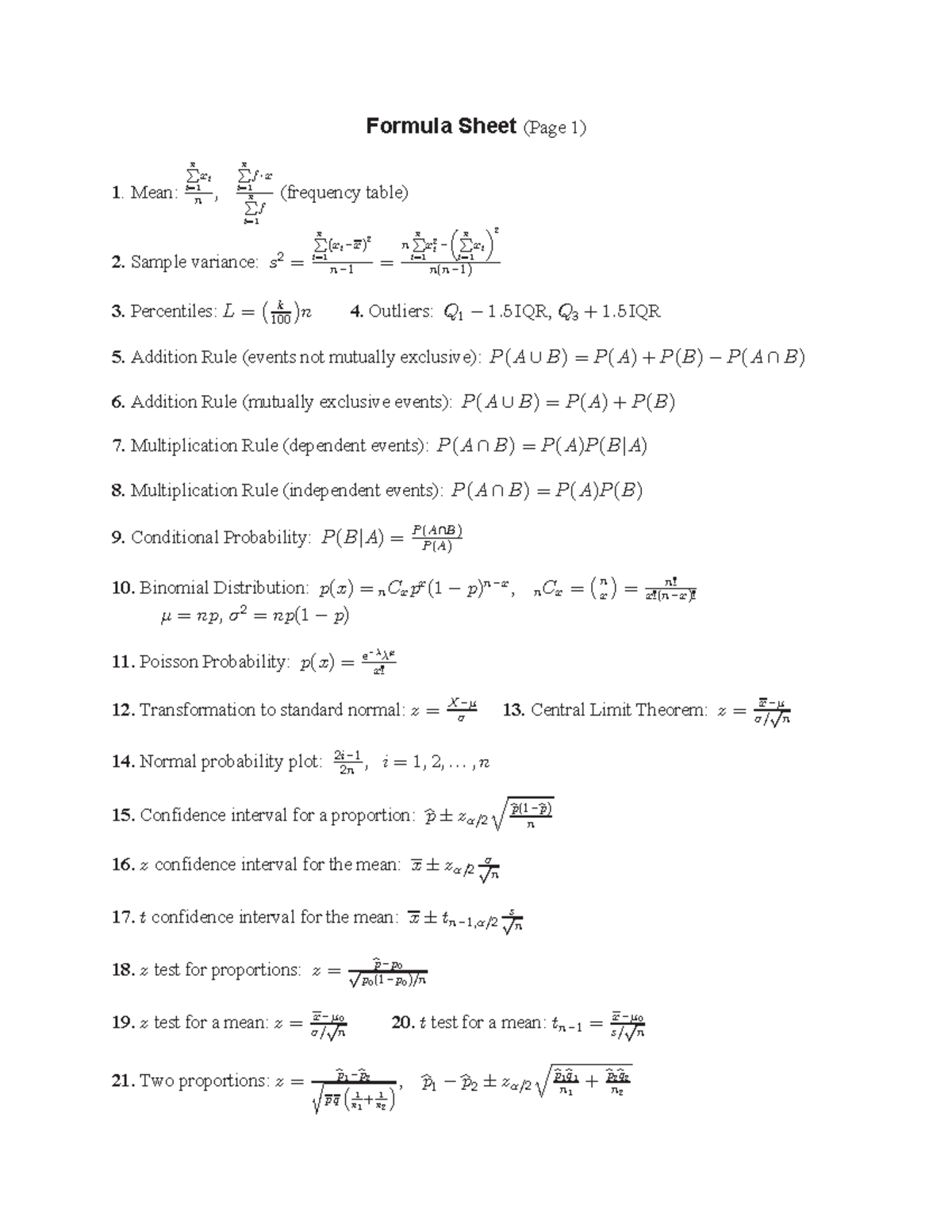 Formula - This is a sheet to help you practice for Business Statistics ...