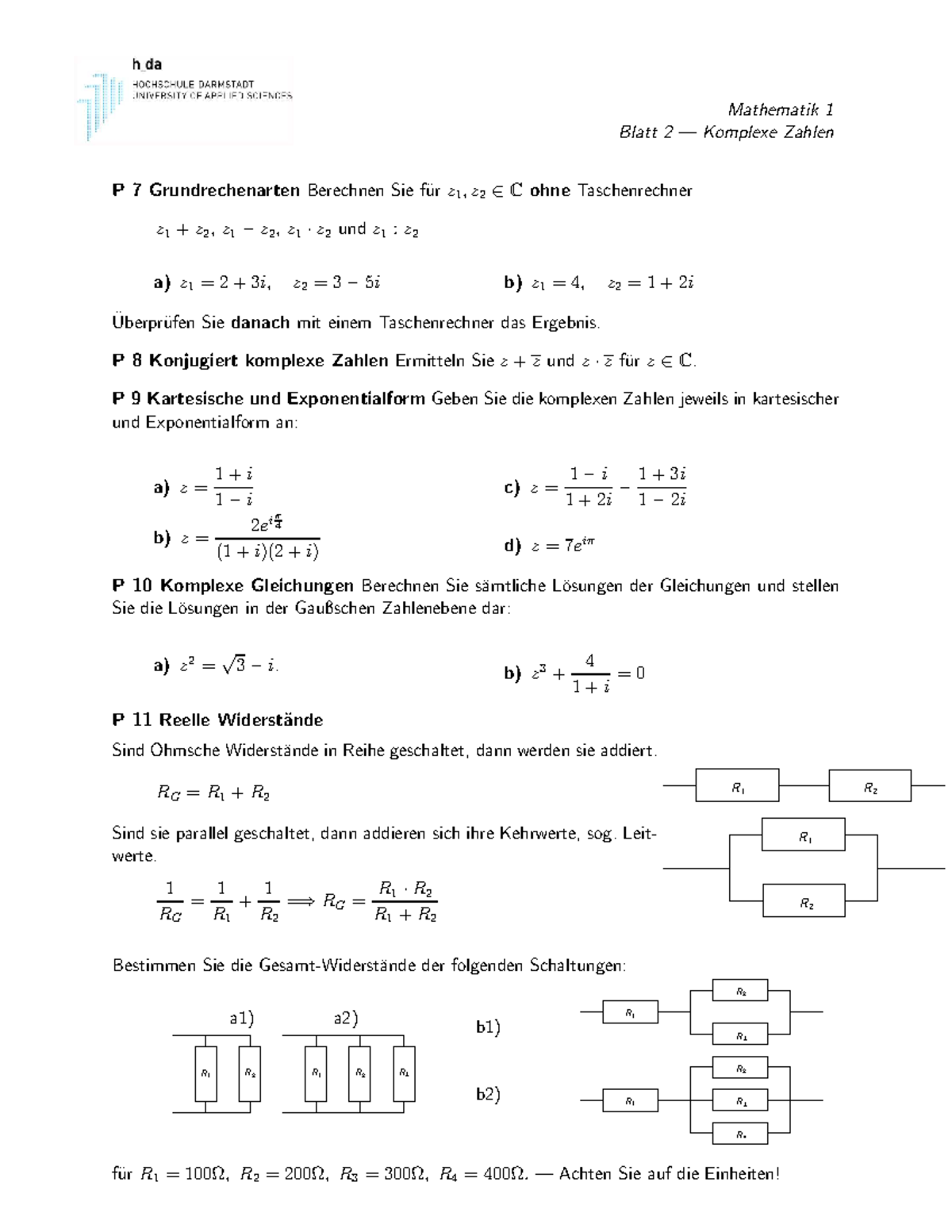 Übungsaufagben Zu Komplexen Zahlen - Mathematik 1 Blatt 2 — Komplexe ...