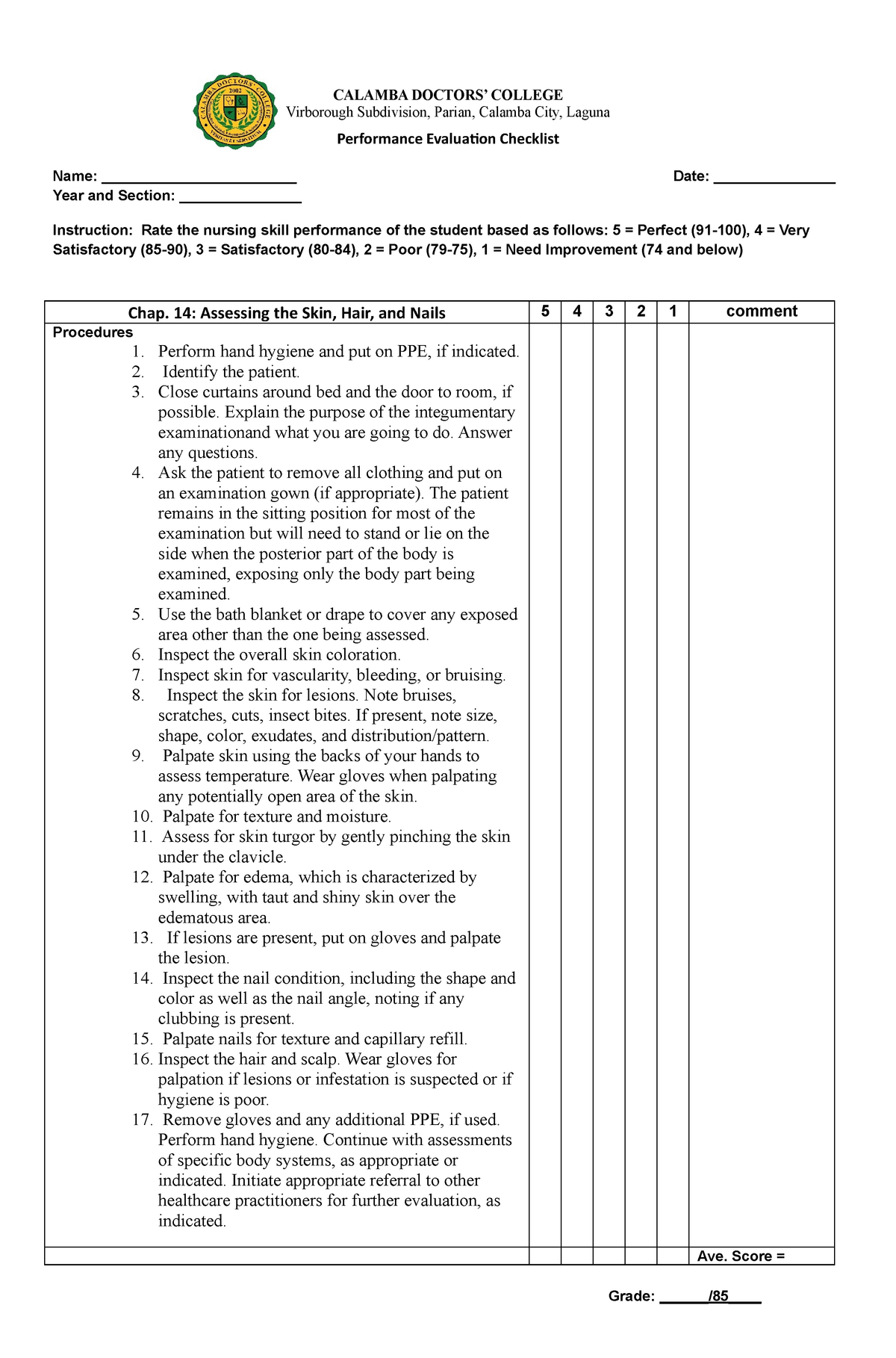 Assessing Skin Nails And Hairs Checklist For Demonstration Calamba