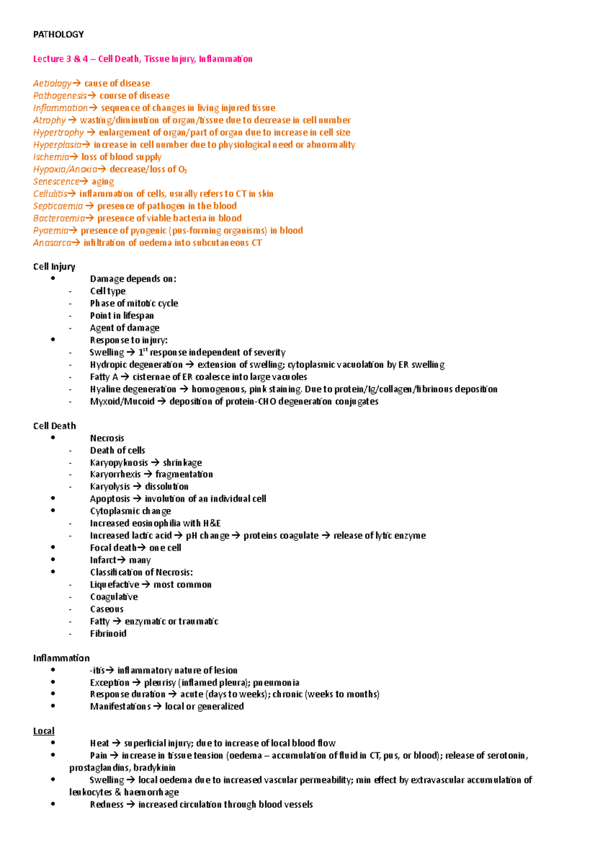Lecture notes, lectures all - PATHOLOGY Lecture 3 & 4 – Cell Death ...