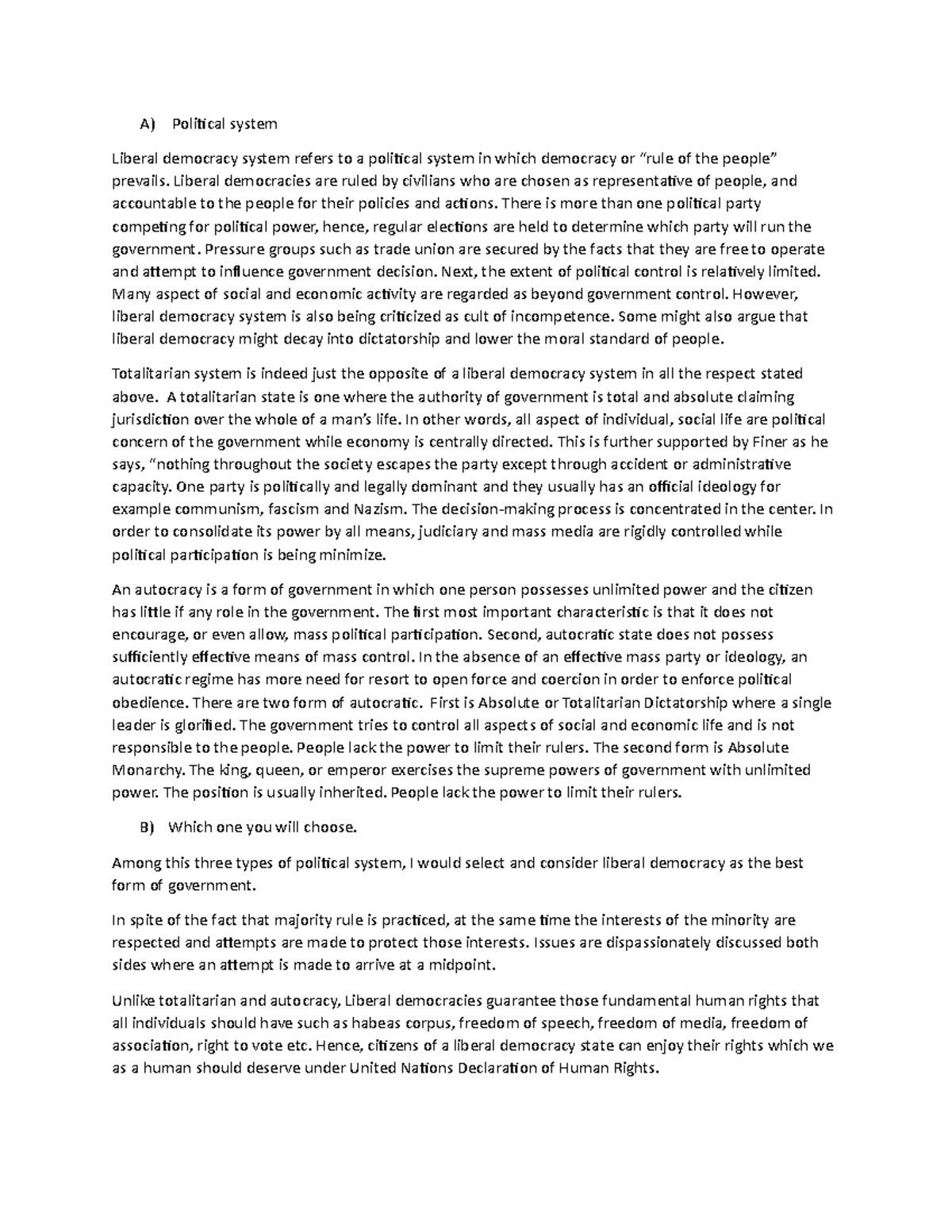 Political system - Grade: A - A) Political system Liberal democracy ...