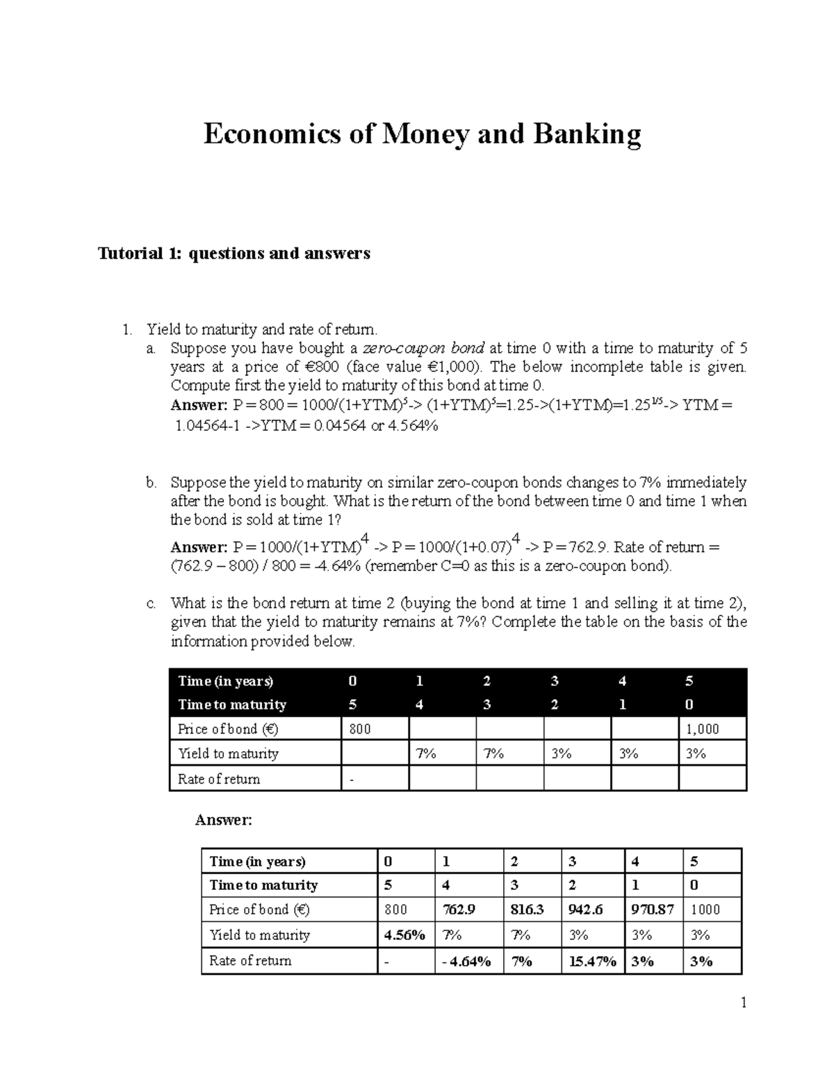 Questions and answers Tutorial 1 Economics of Money and Banking