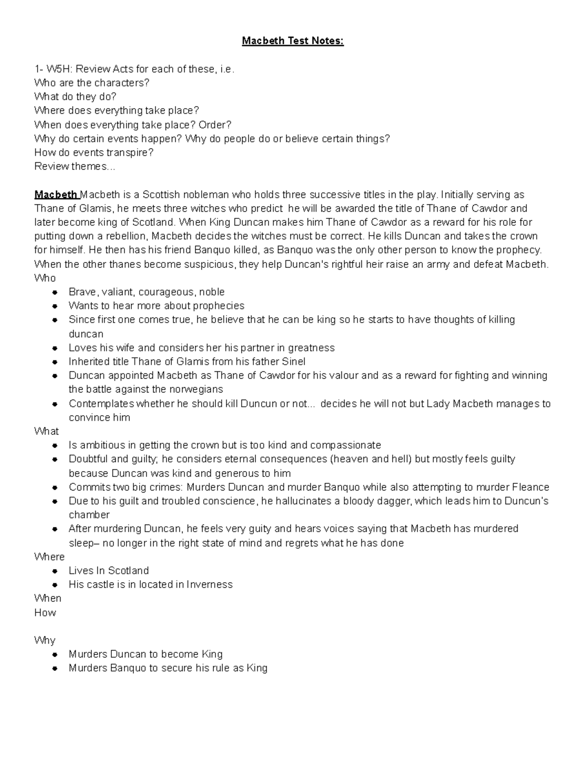 Macbeth Test Notes - Macbeth Test Notes: 1- W5H: Review Acts for each ...