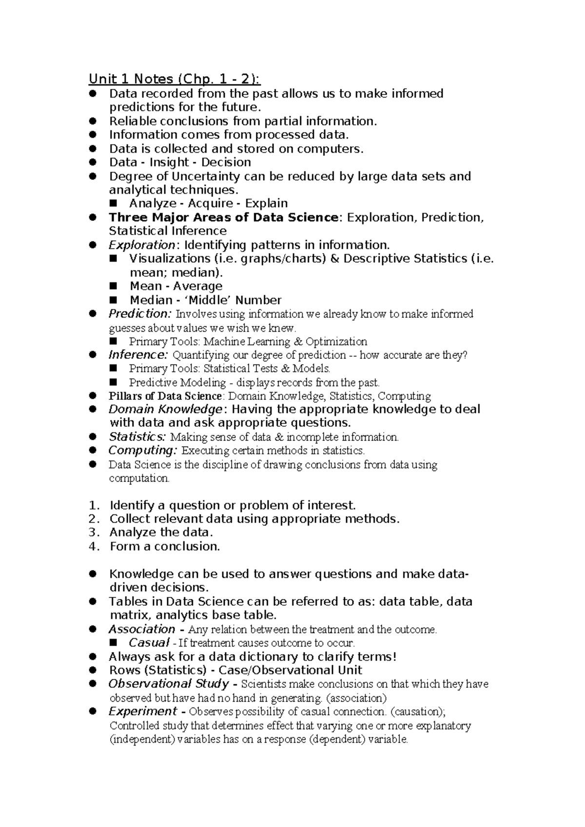 Exam 1 review - Hello - Unit 1 Notes (Chp. 1 - 2): Data recorded from ...