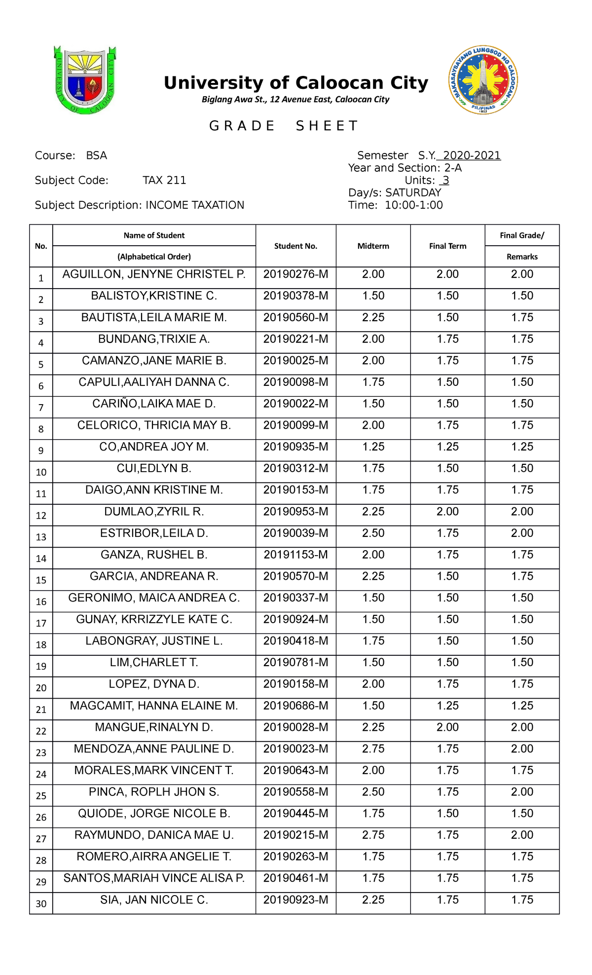 Grading-Sheet-BSA2A - Grades - University of Caloocan City Biglang Awa