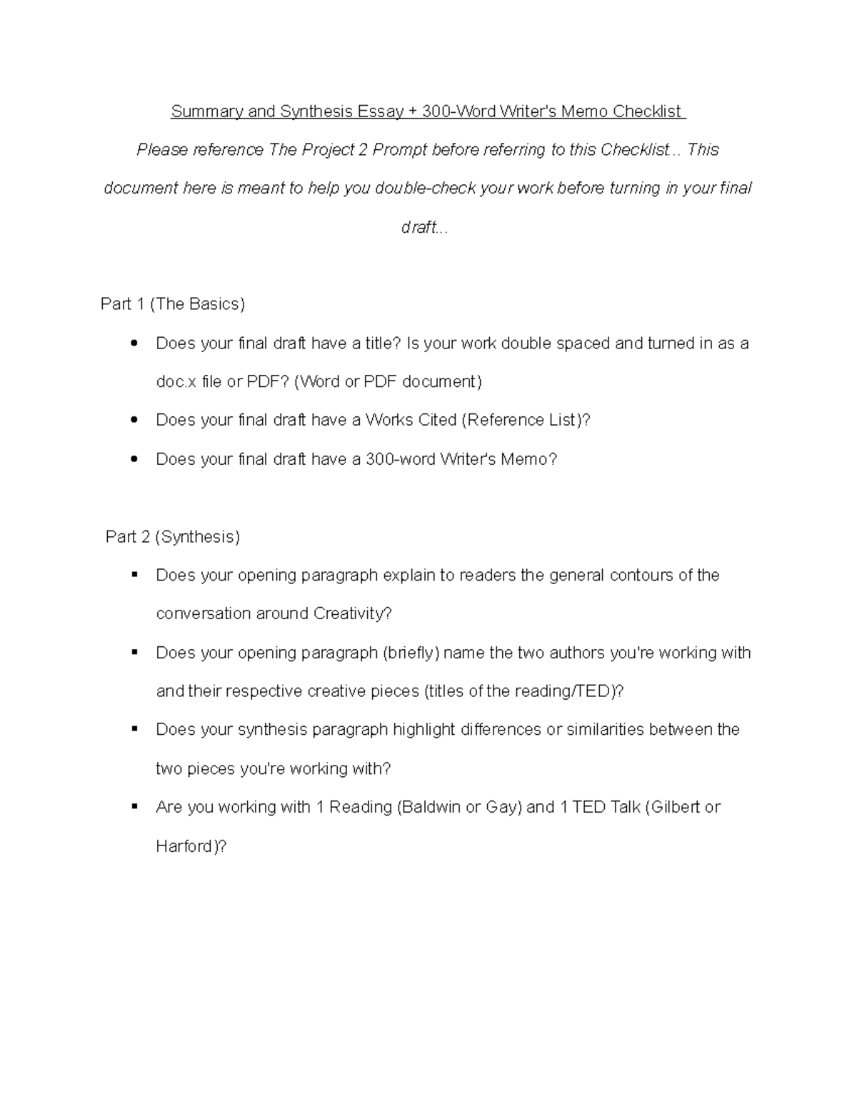 Summary and Synthesis Checklist Summary and Synthesis Essay + 300