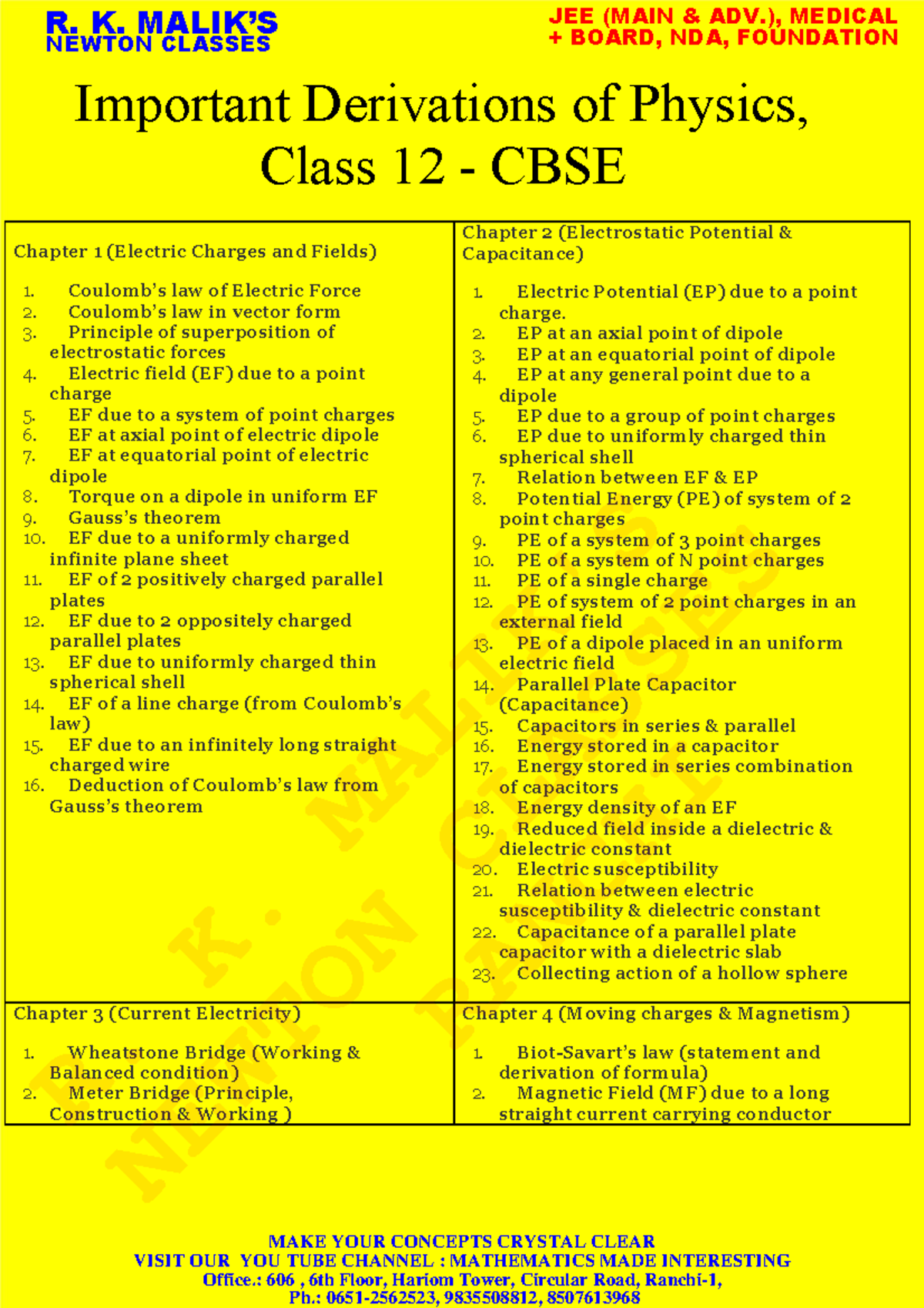 List Of Derivations In Physics Class 12 Pdf List of derivations phy xii - Chapter 1 (Electric Charges and Fields