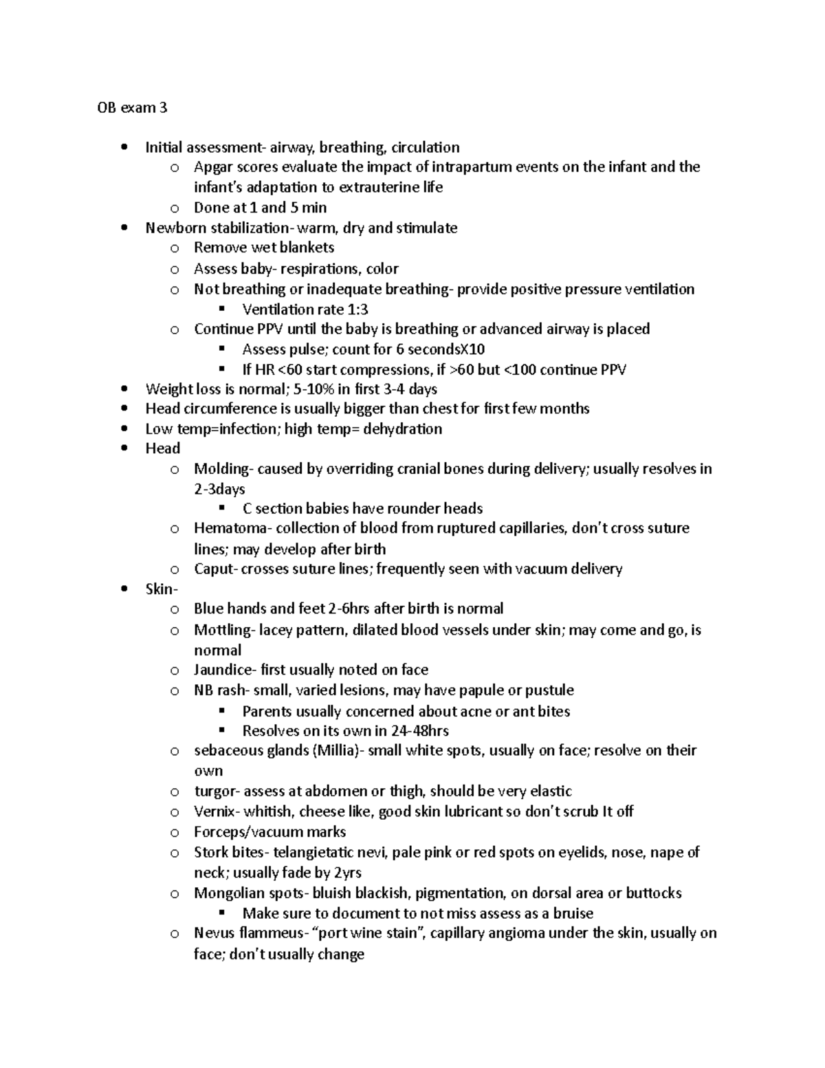 OB exam 3 - OB exam 3 - OB exam 3 Initial assessment- airway, breathing ...